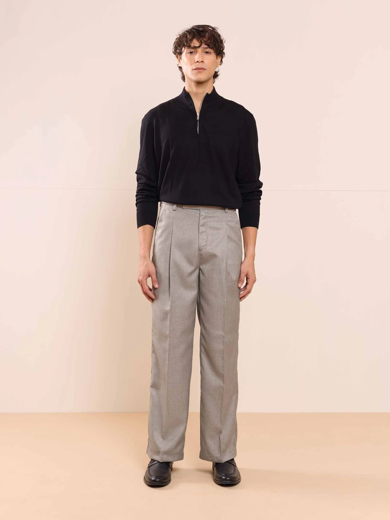 Grey Textured Baggy Fit Trousers - Image 3