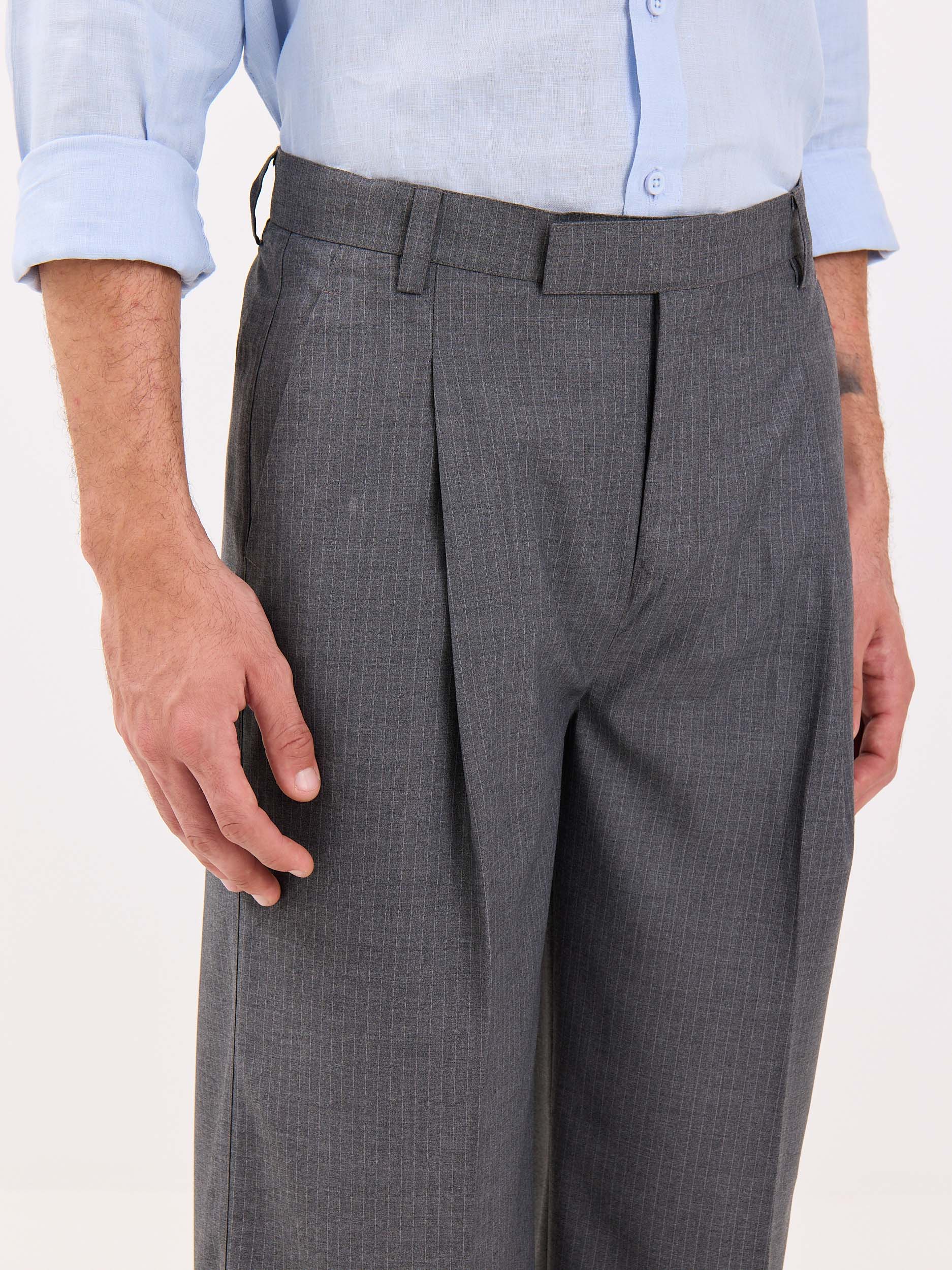 Grey Pinstriped Baggy Fit Trousers - Image 3