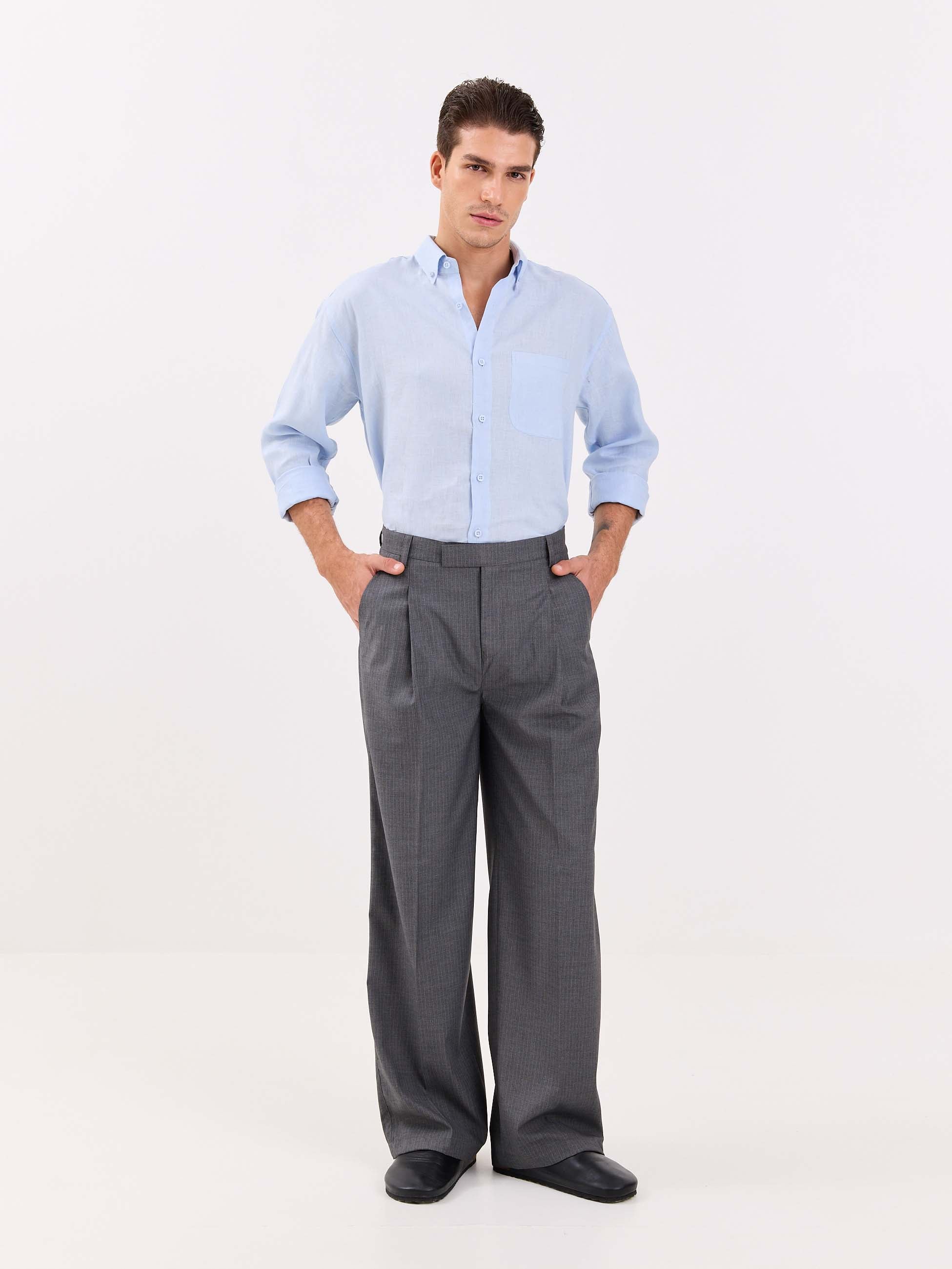 Grey Pinstriped Baggy Fit Trousers - Image 4