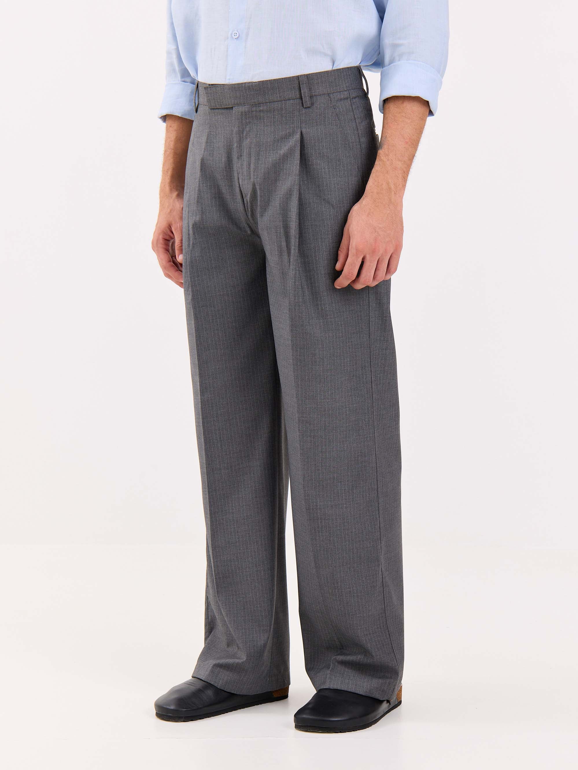 Grey Pinstriped Baggy Fit Trousers - Image 5