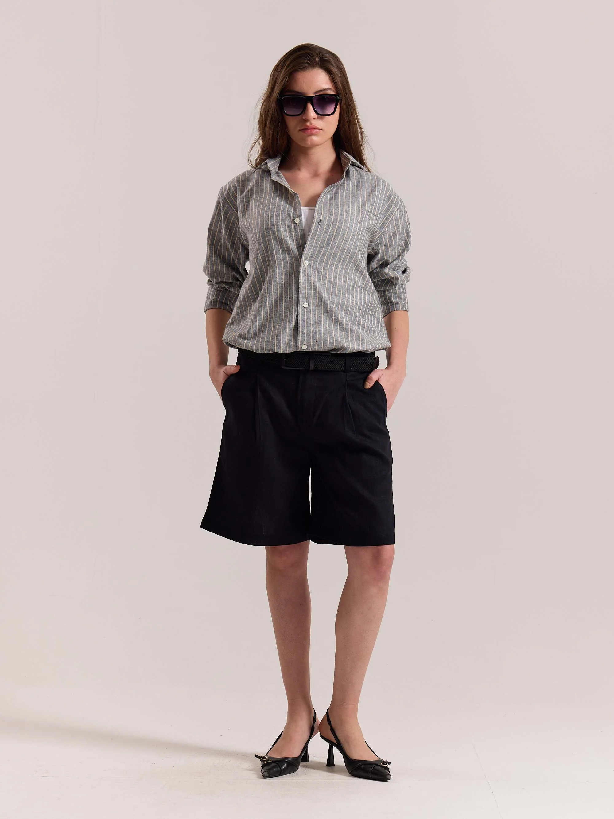 Grey Striped Linen-blend Shirt - Image 2