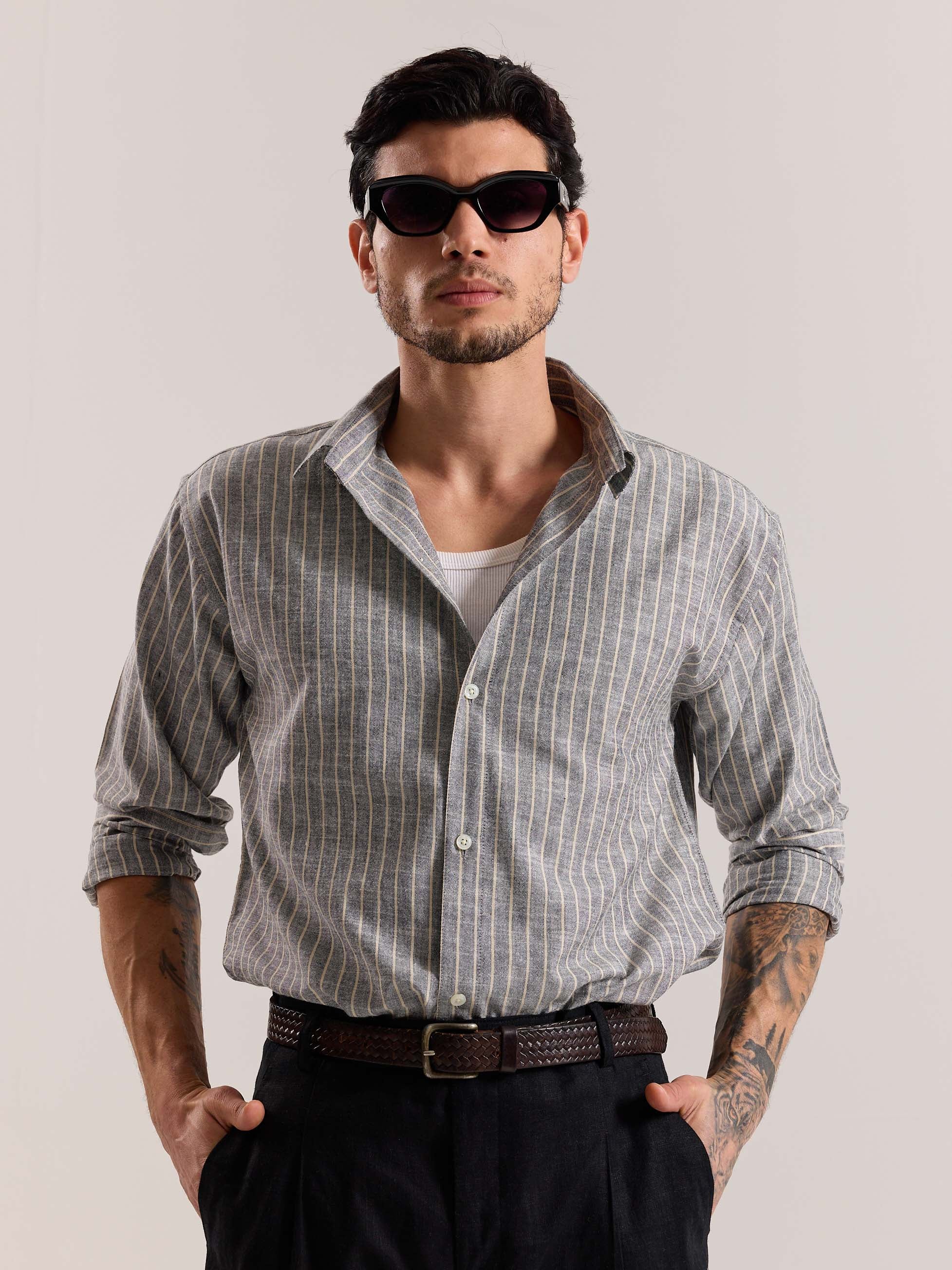 Grey Striped Linen-blend Shirt - Image 3