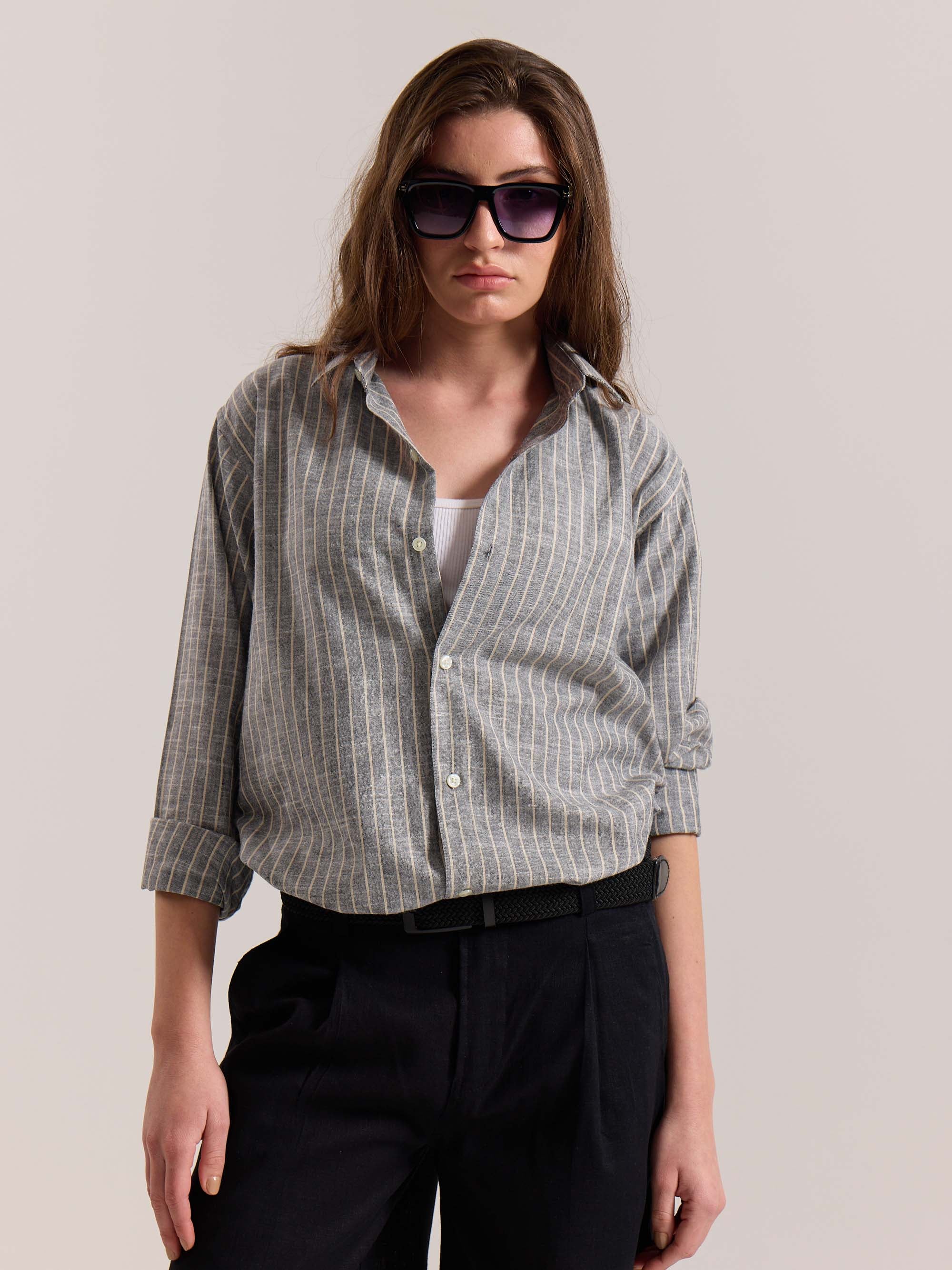 Grey Striped Linen-blend Shirt - Image 4