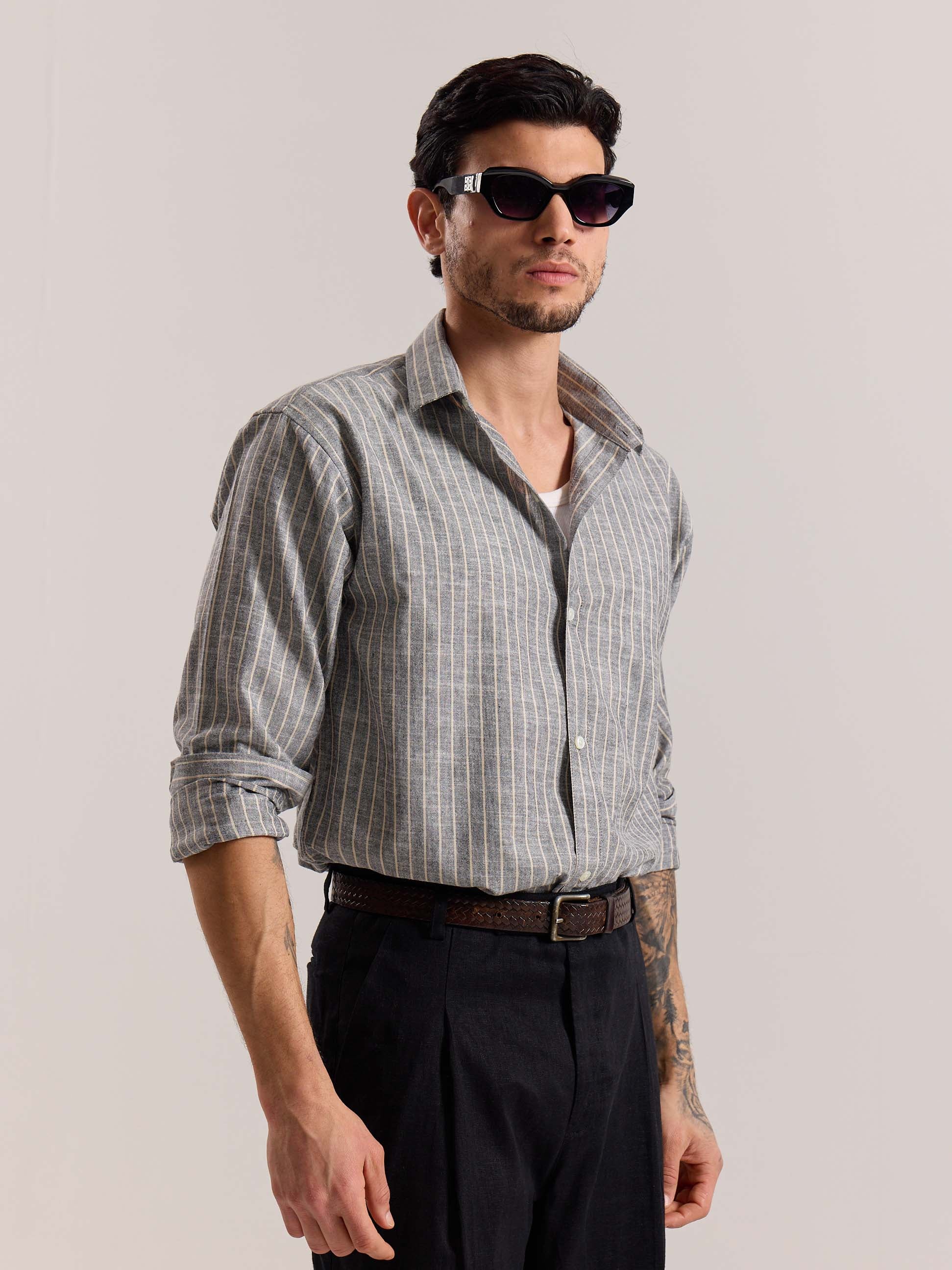 Grey Striped Linen-blend Shirt - Image 5