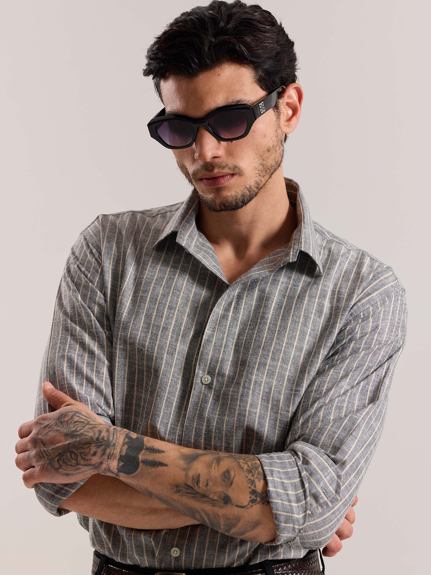 Grey Striped Linen-blend Shirt - Image 6