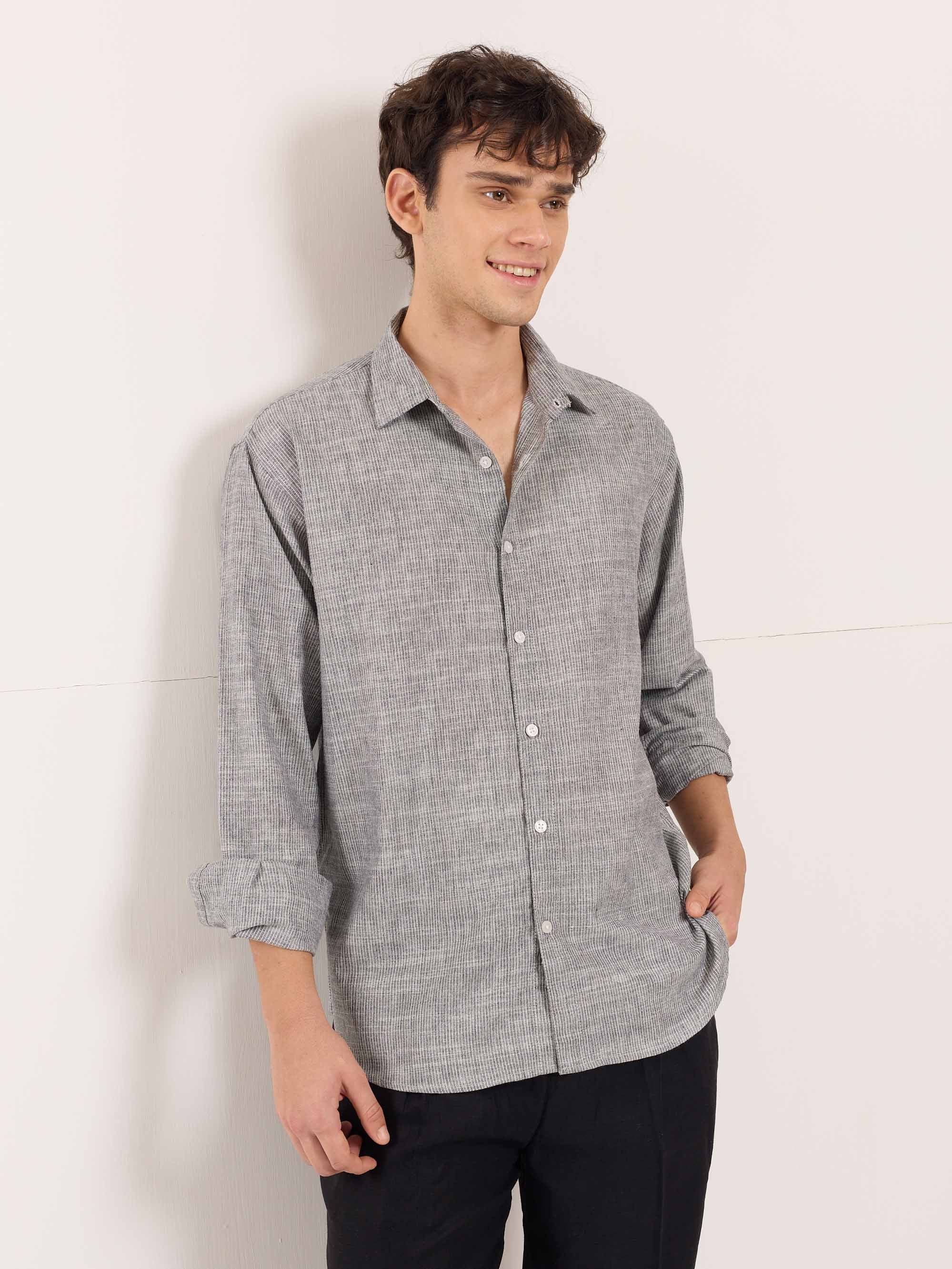 Grey Striped Linen Shirt - Image 4