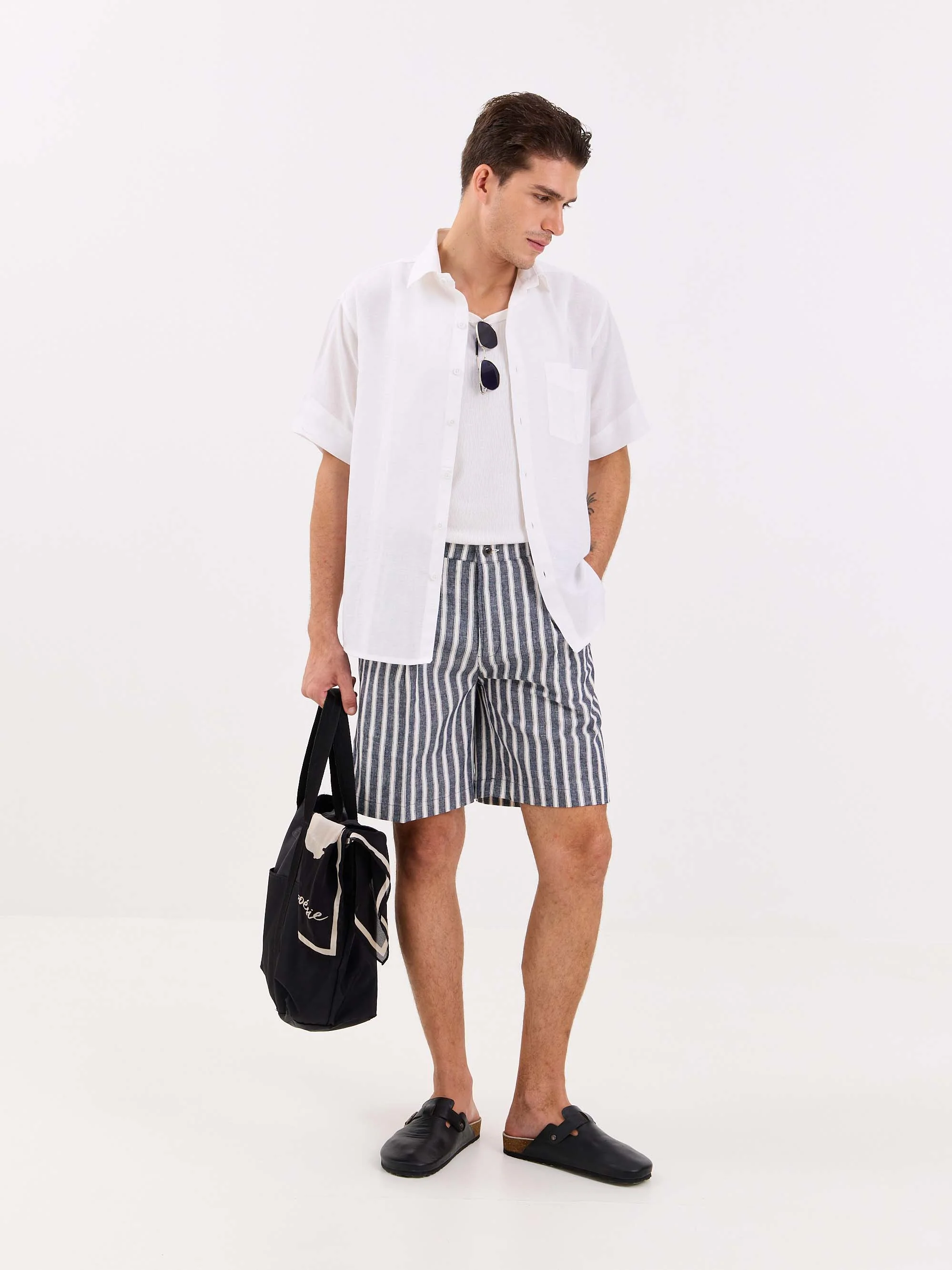 Grey Striped Linen Trouser Shorts - Image 3