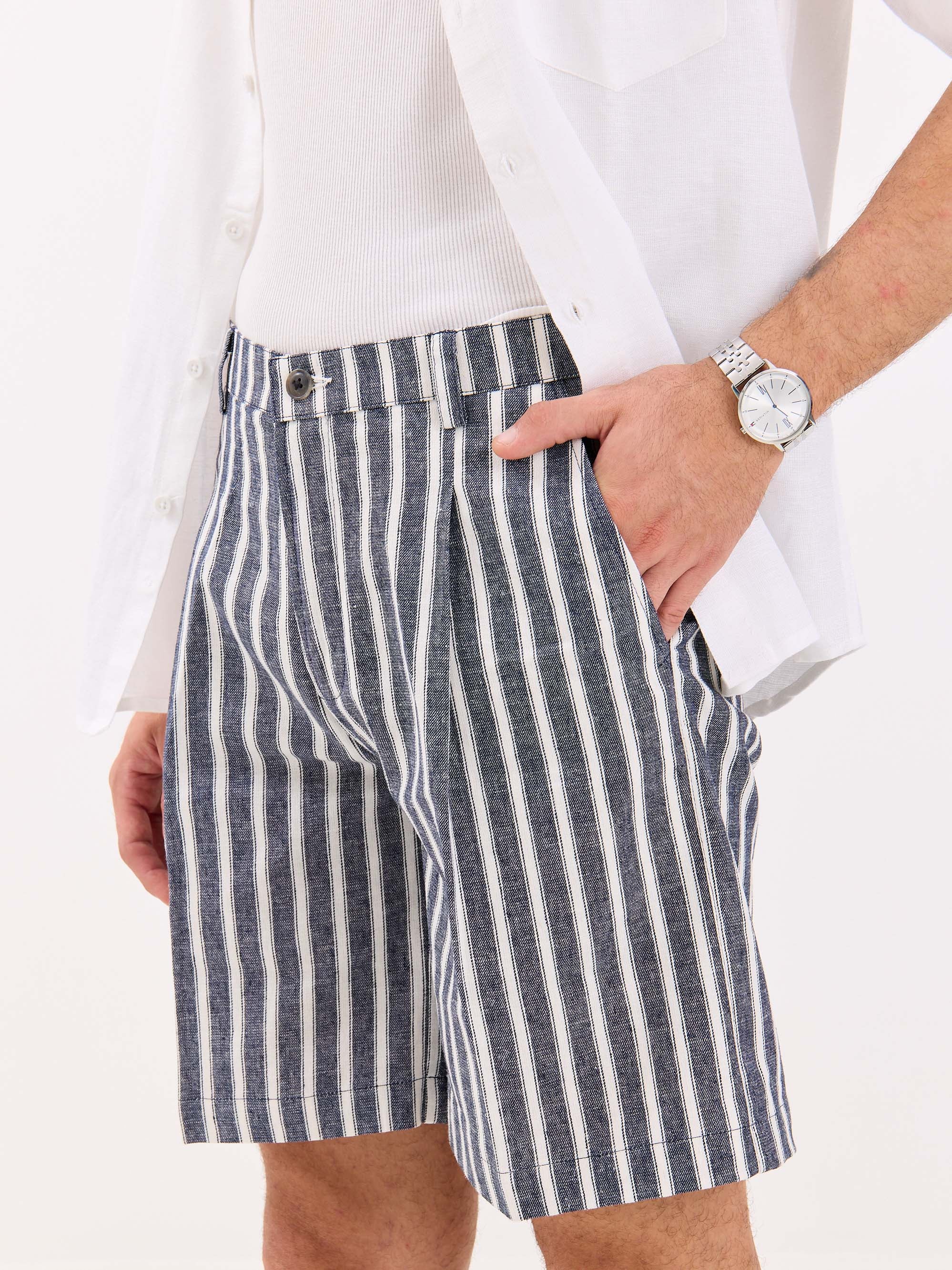 Grey Striped Linen Trouser Shorts - Image 5