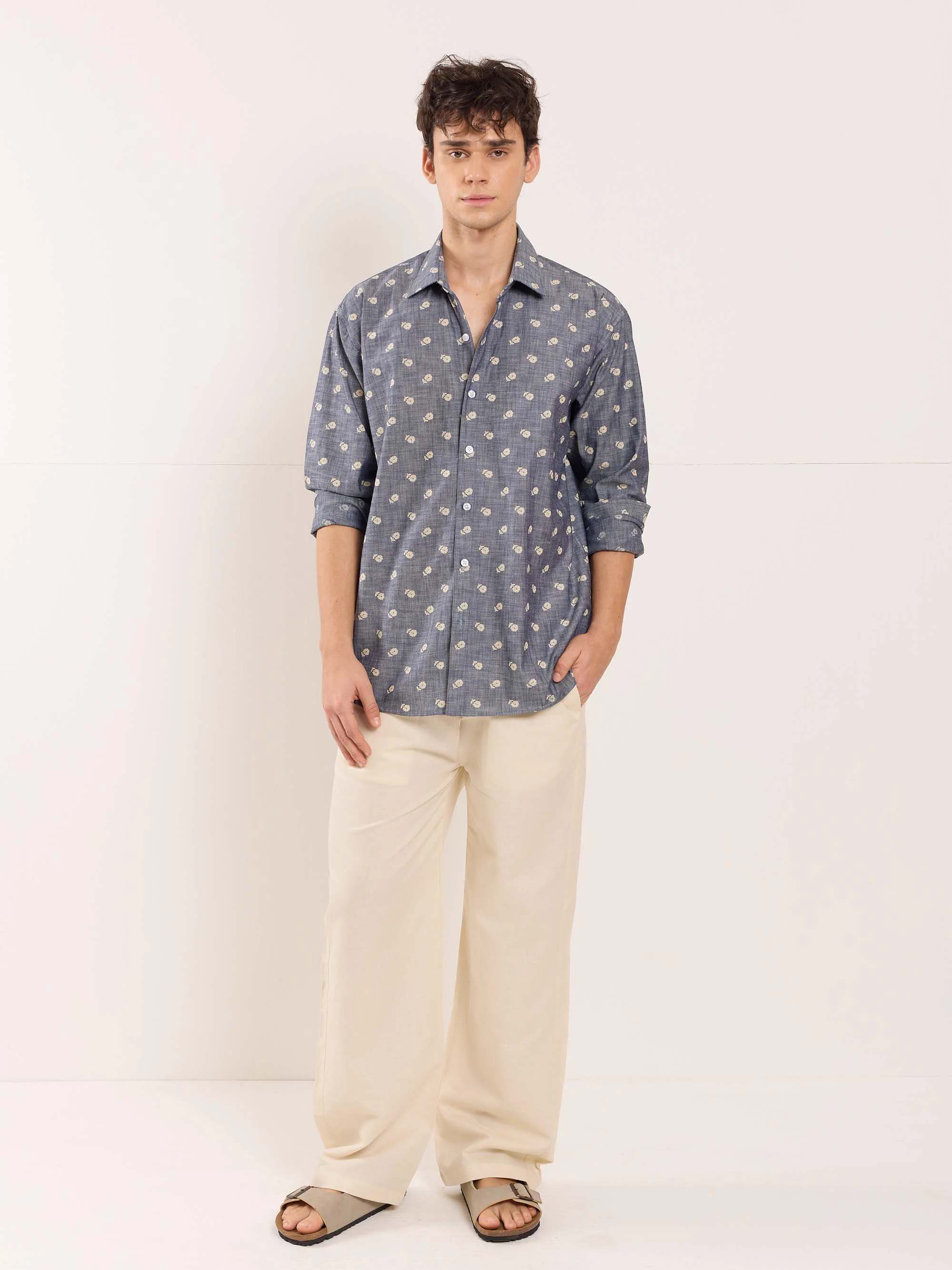 Indigo Floral Printed Chambray Shirt - Image 2