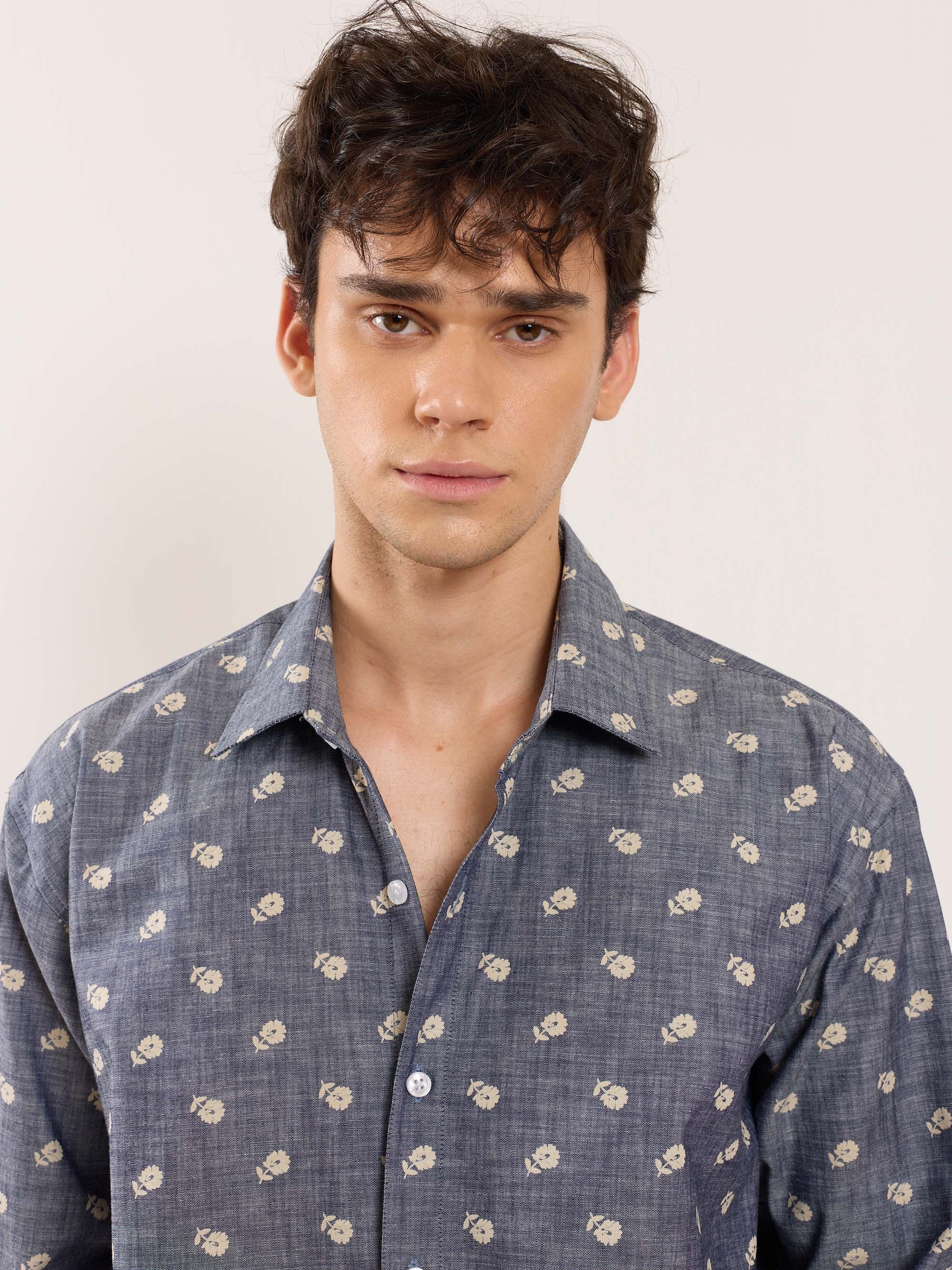 Indigo Floral Printed Chambray Shirt - Image 3