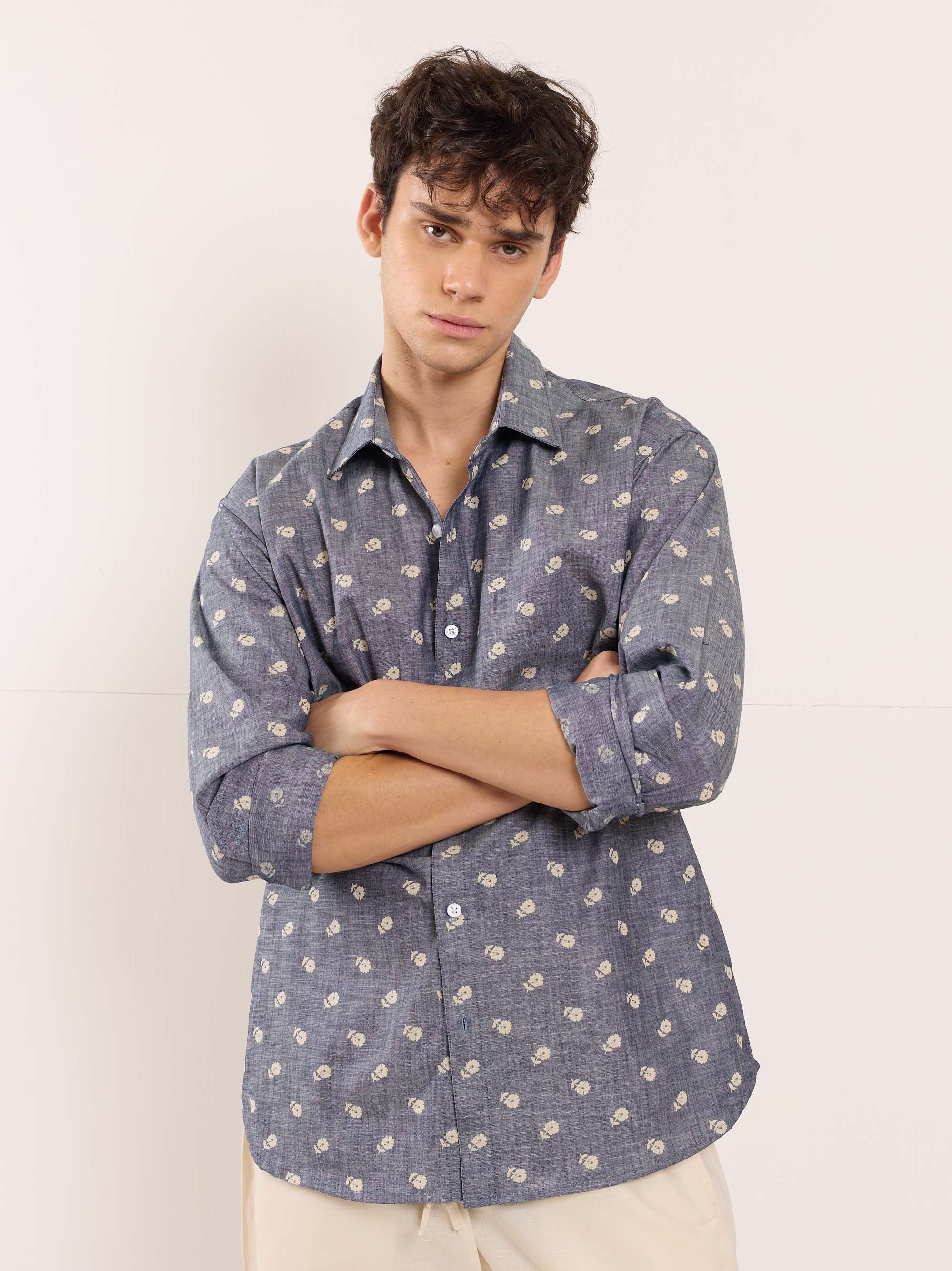Indigo Floral Printed Chambray Shirt - Image 4