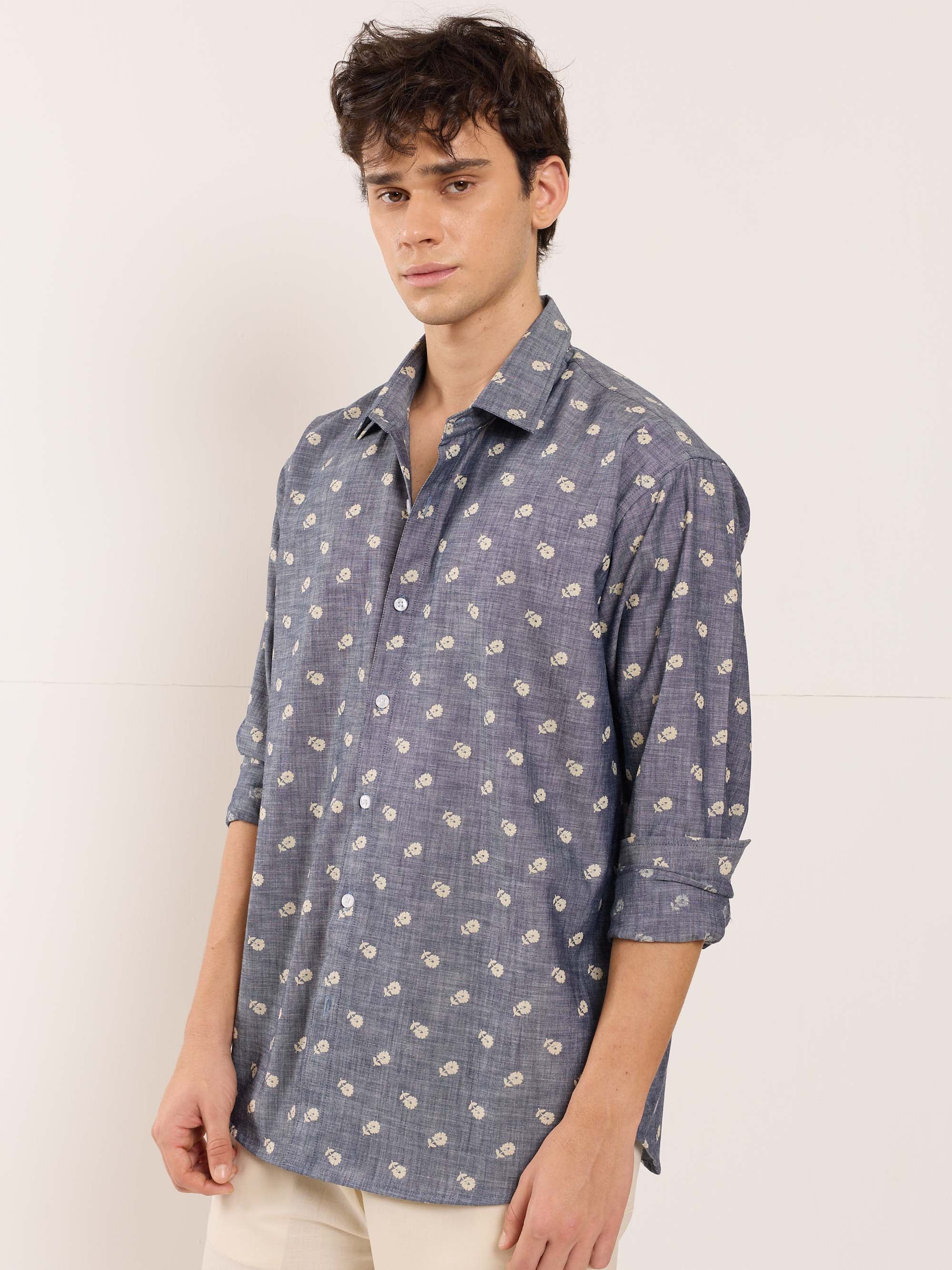 Indigo Floral Printed Chambray Shirt - Image 5