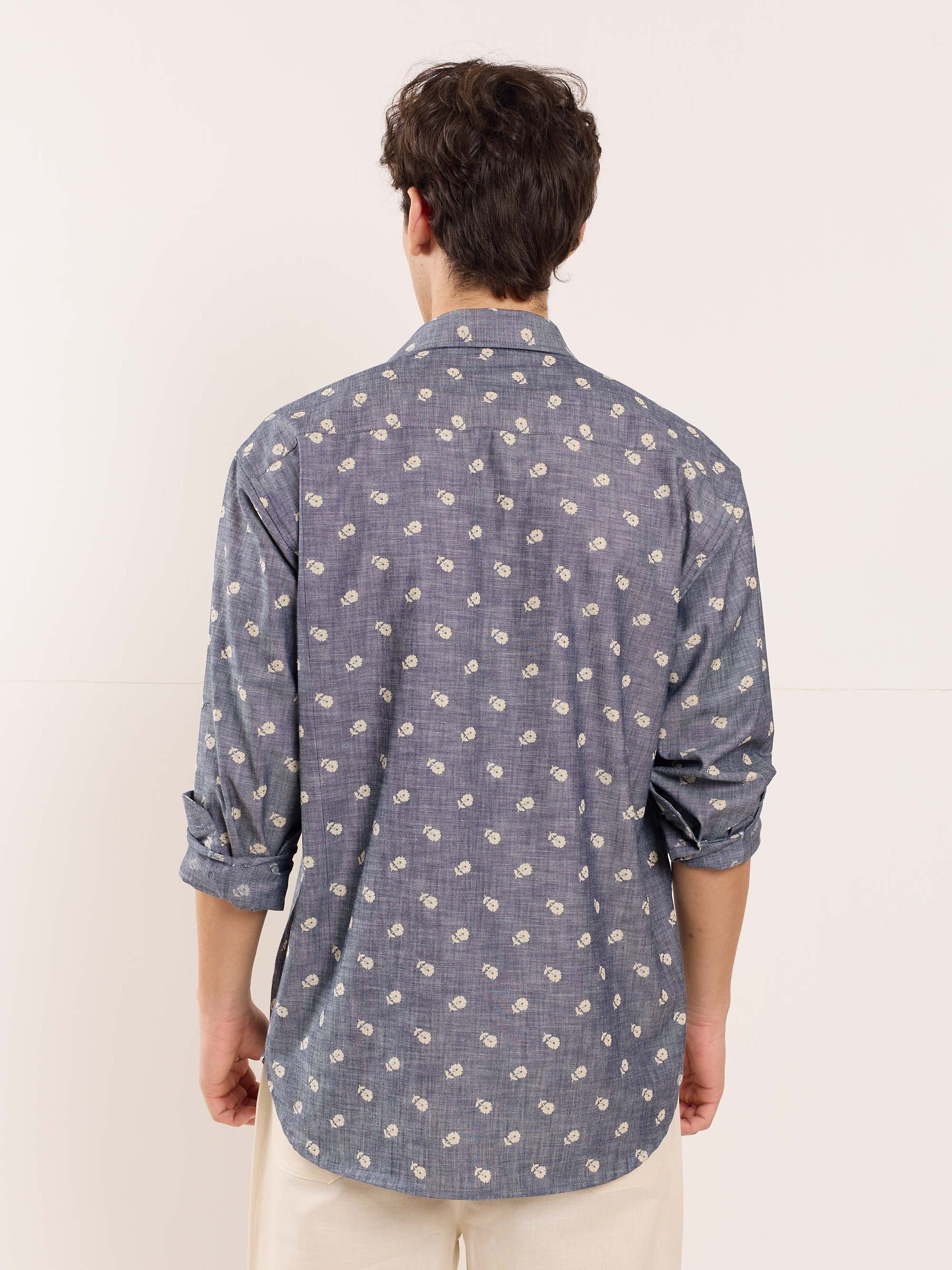 Indigo Floral Printed Chambray Shirt - Image 6