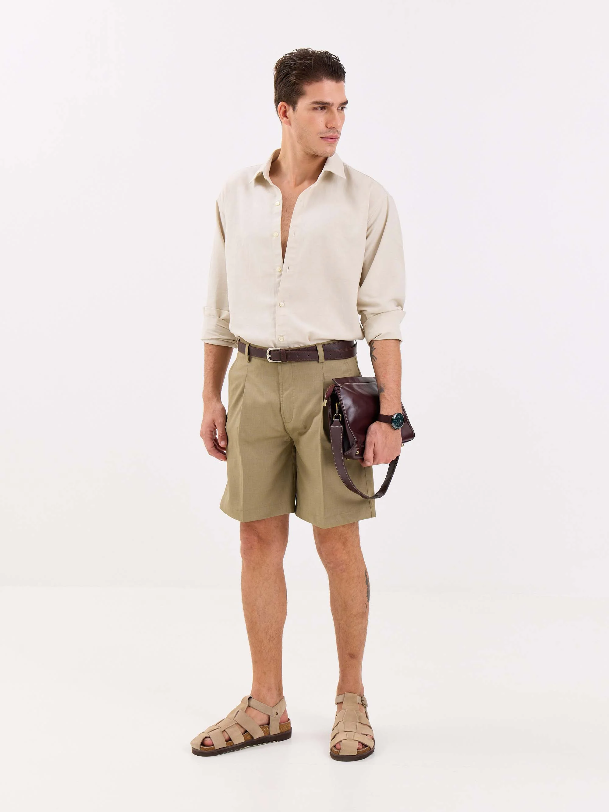 Khaki Checked Trouser Shorts - Image 3