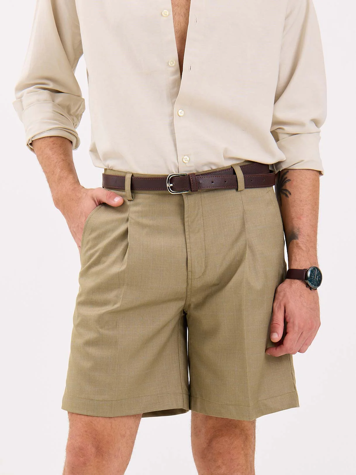 Khaki Checked Trouser Shorts - Image 4