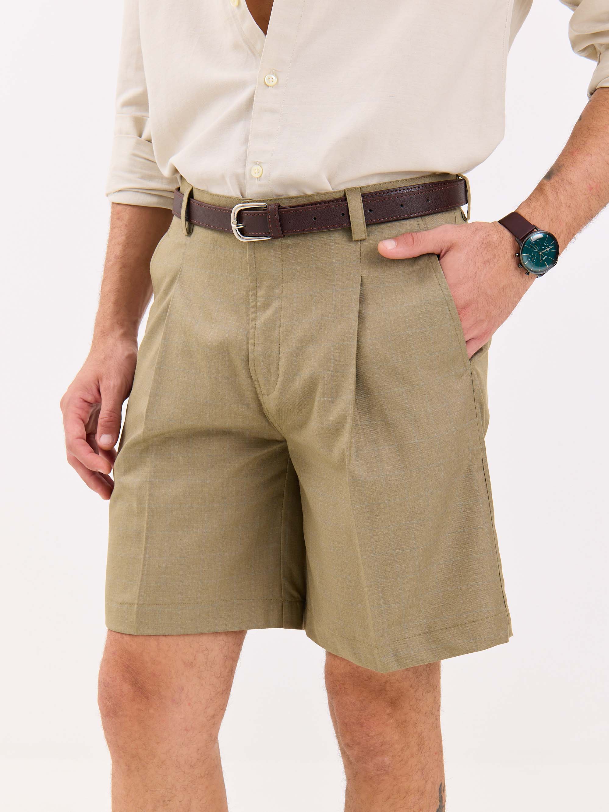 Khaki Checked Trouser Shorts - Image 5