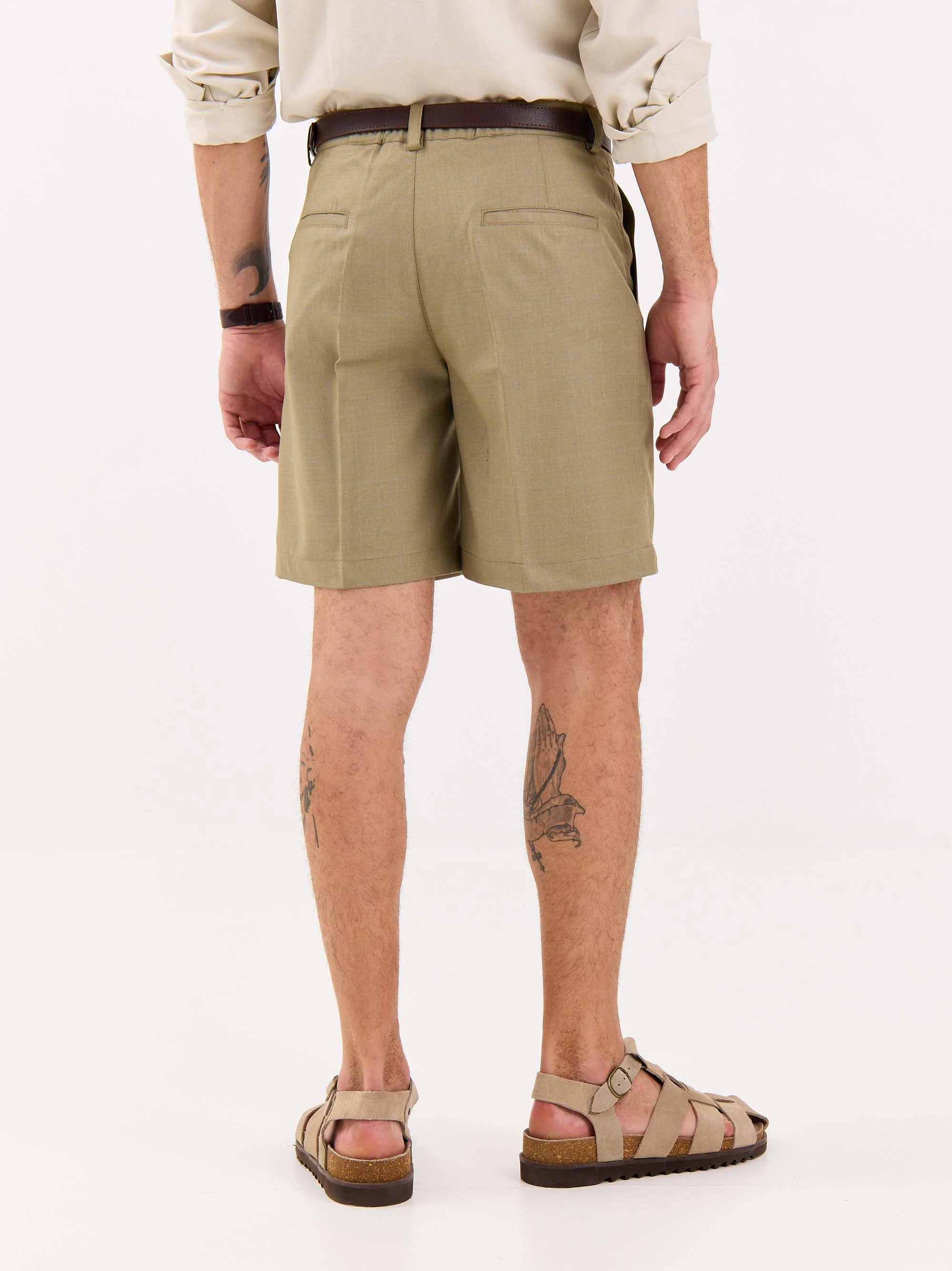 Khaki Checked Trouser Shorts - Image 7