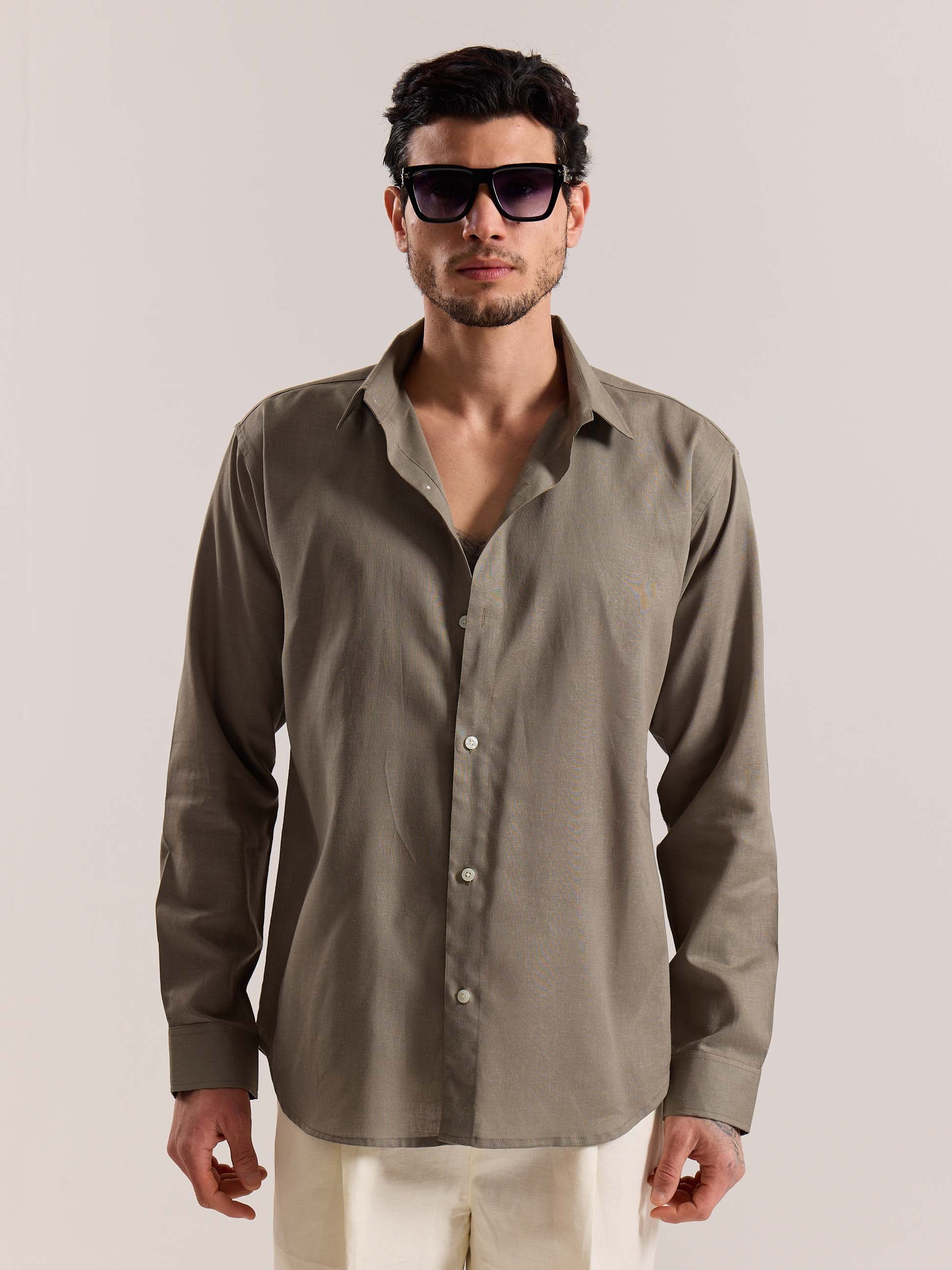 Khaki Green Linen-blend Shirt - Image 3