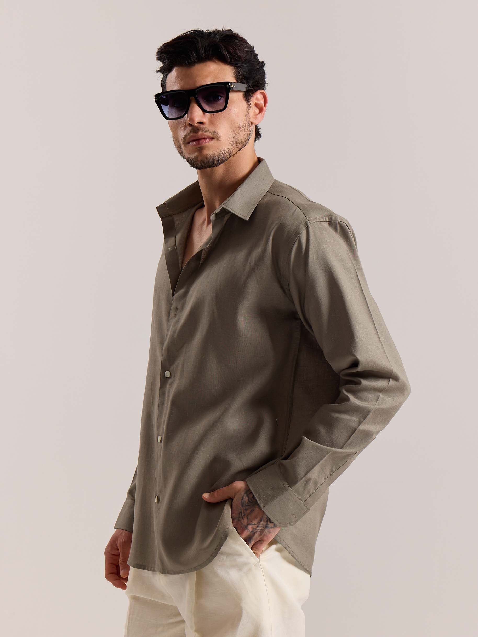 Khaki Green Linen-blend Shirt - Image 6