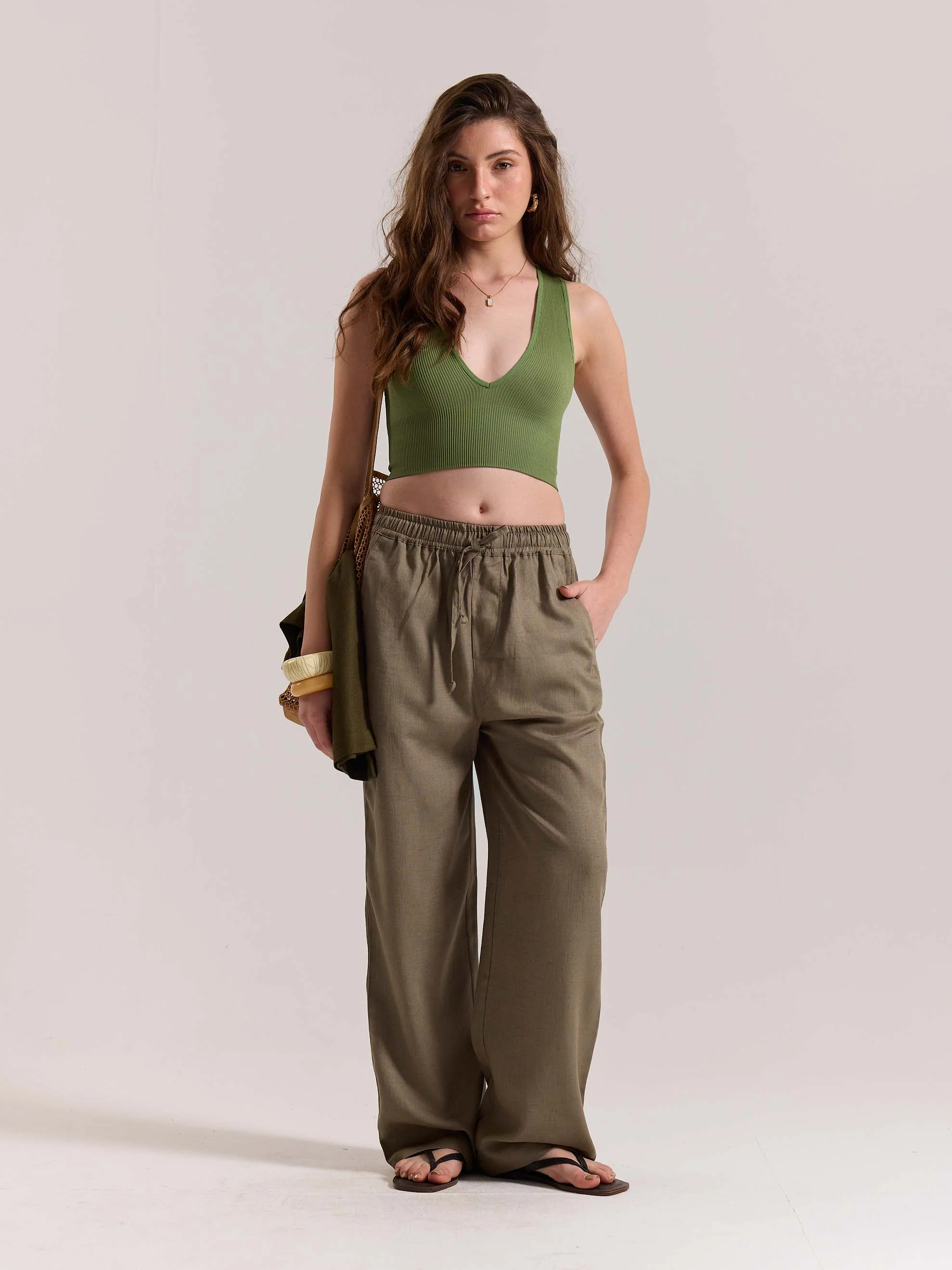 Khaki Green Linen Pull-on Pants - Image 2