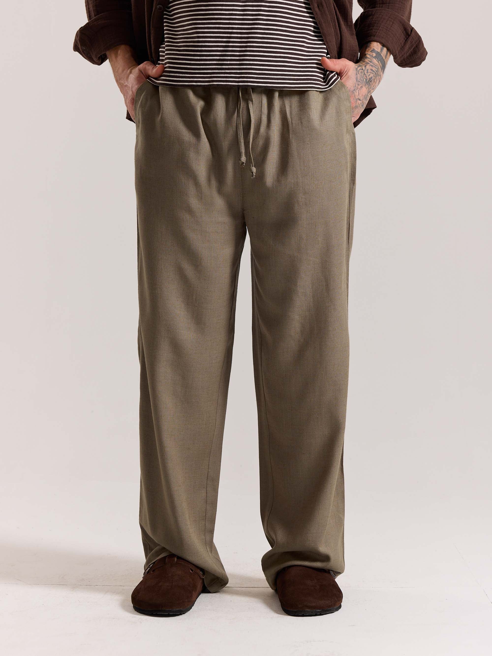 Khaki Green Linen Pull-on Pants - Image 3