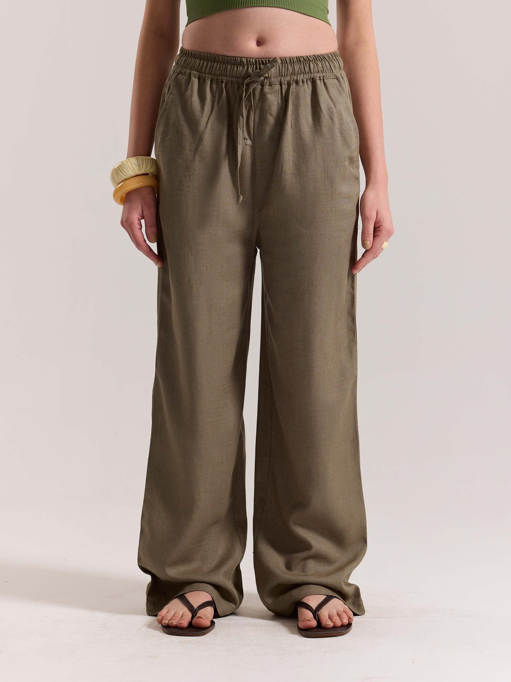 Khaki Green Linen Pull-on Pants - Image 4