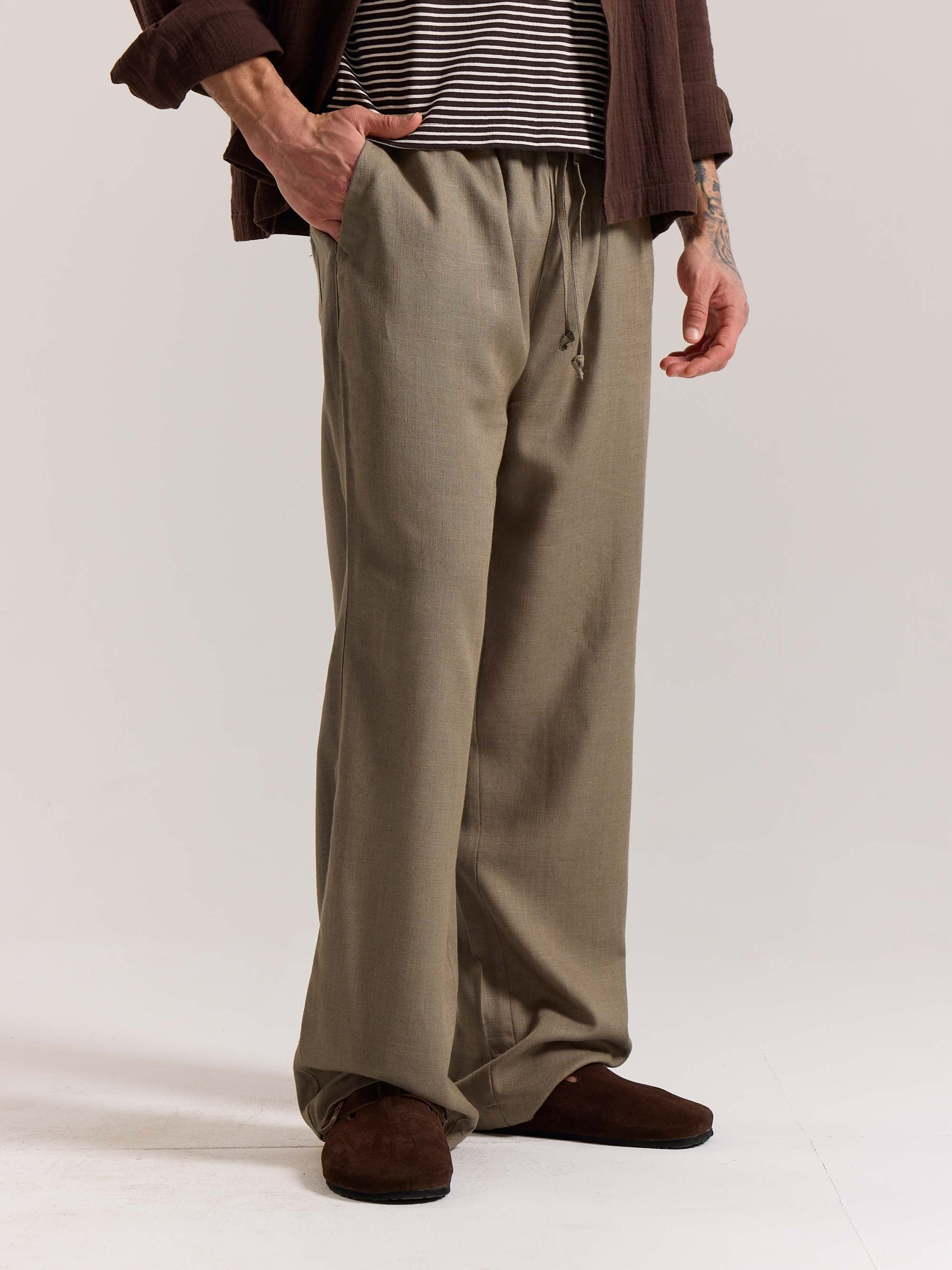 Khaki Green Linen Pull-on Pants - Image 5