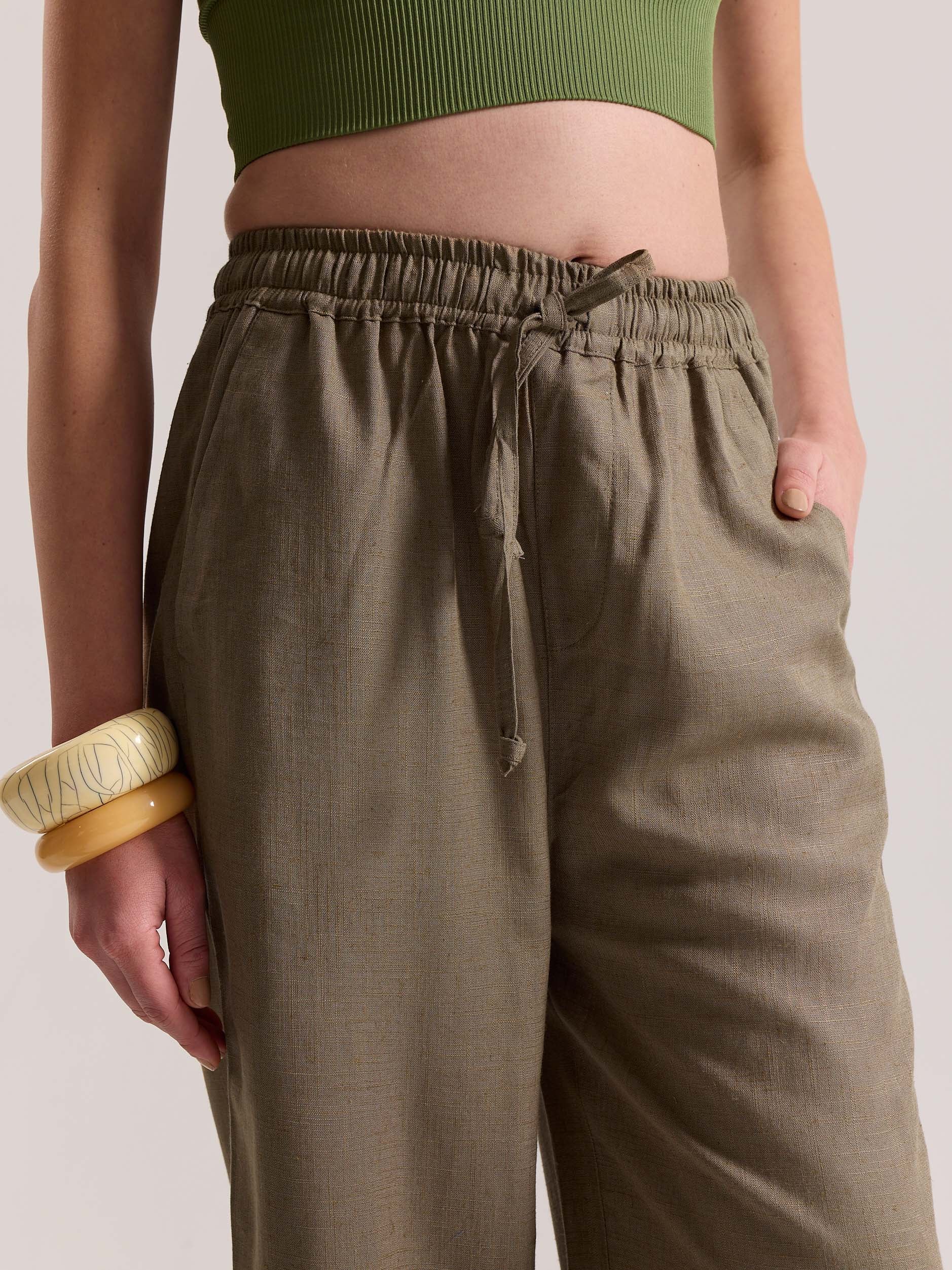 Khaki Green Linen Pull-on Pants - Image 6
