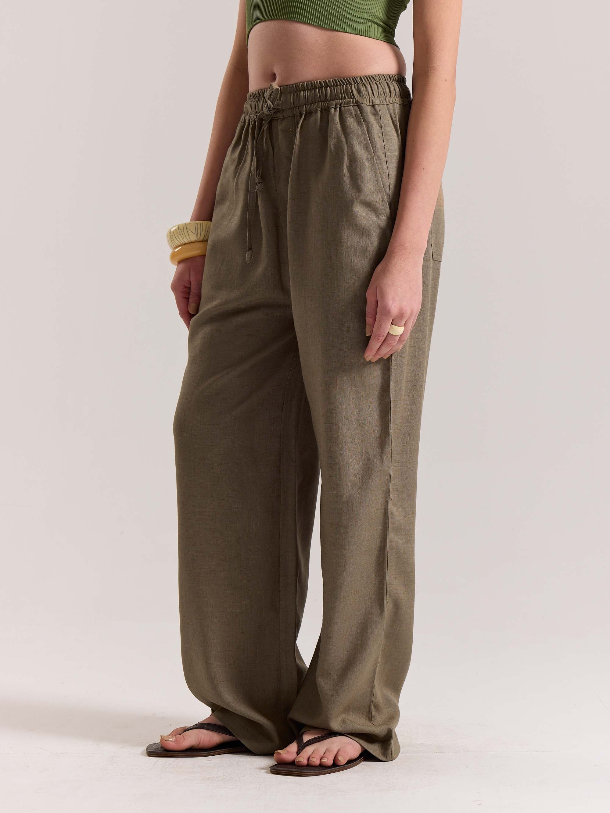 Khaki Green Linen Pull-on Pants - Image 7