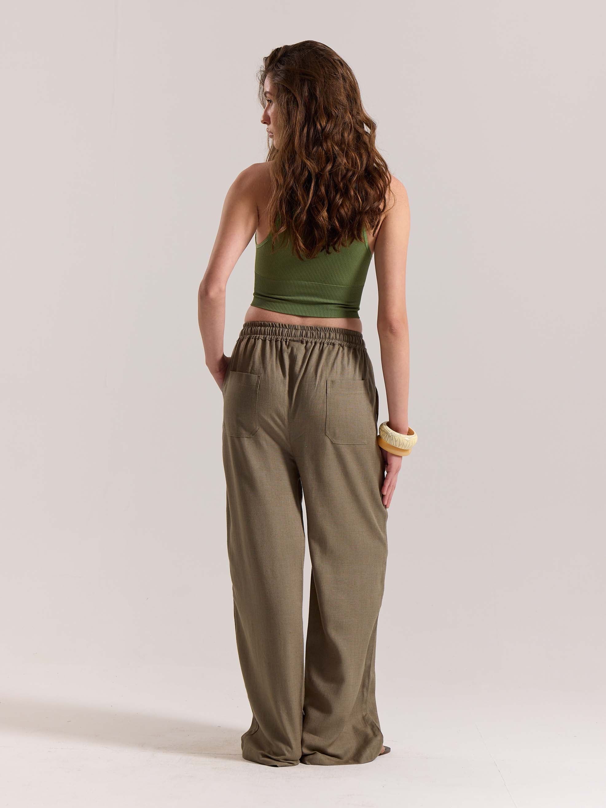 Khaki Green Linen Pull-on Pants - Image 8