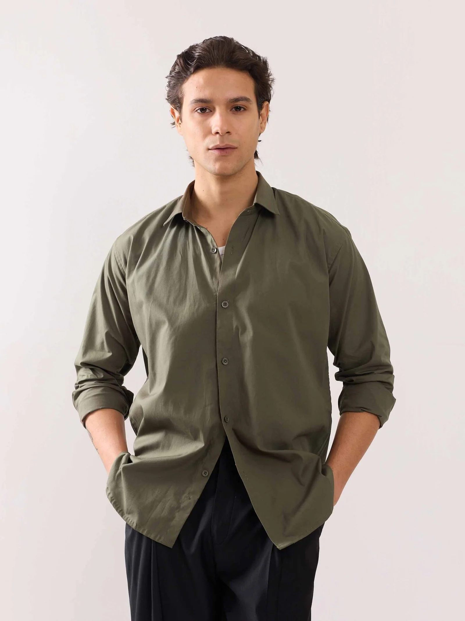 Khaki Green Poplin Shirt - Image 3