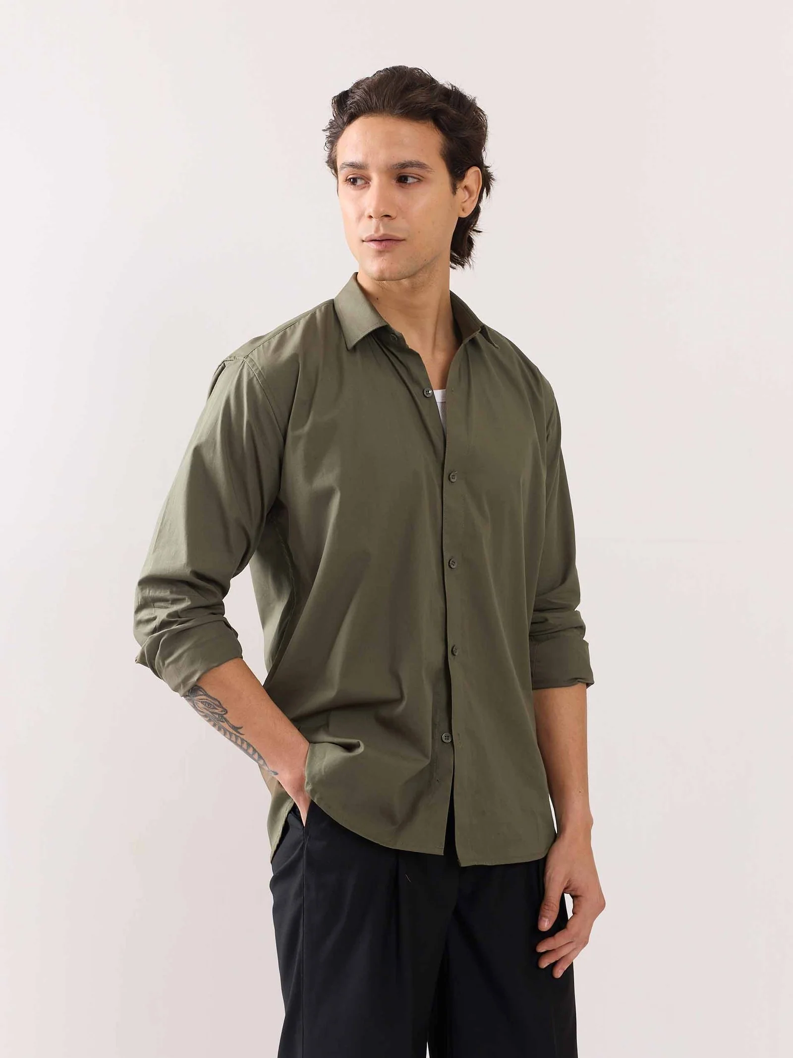 Khaki Green Poplin Shirt - Image 7