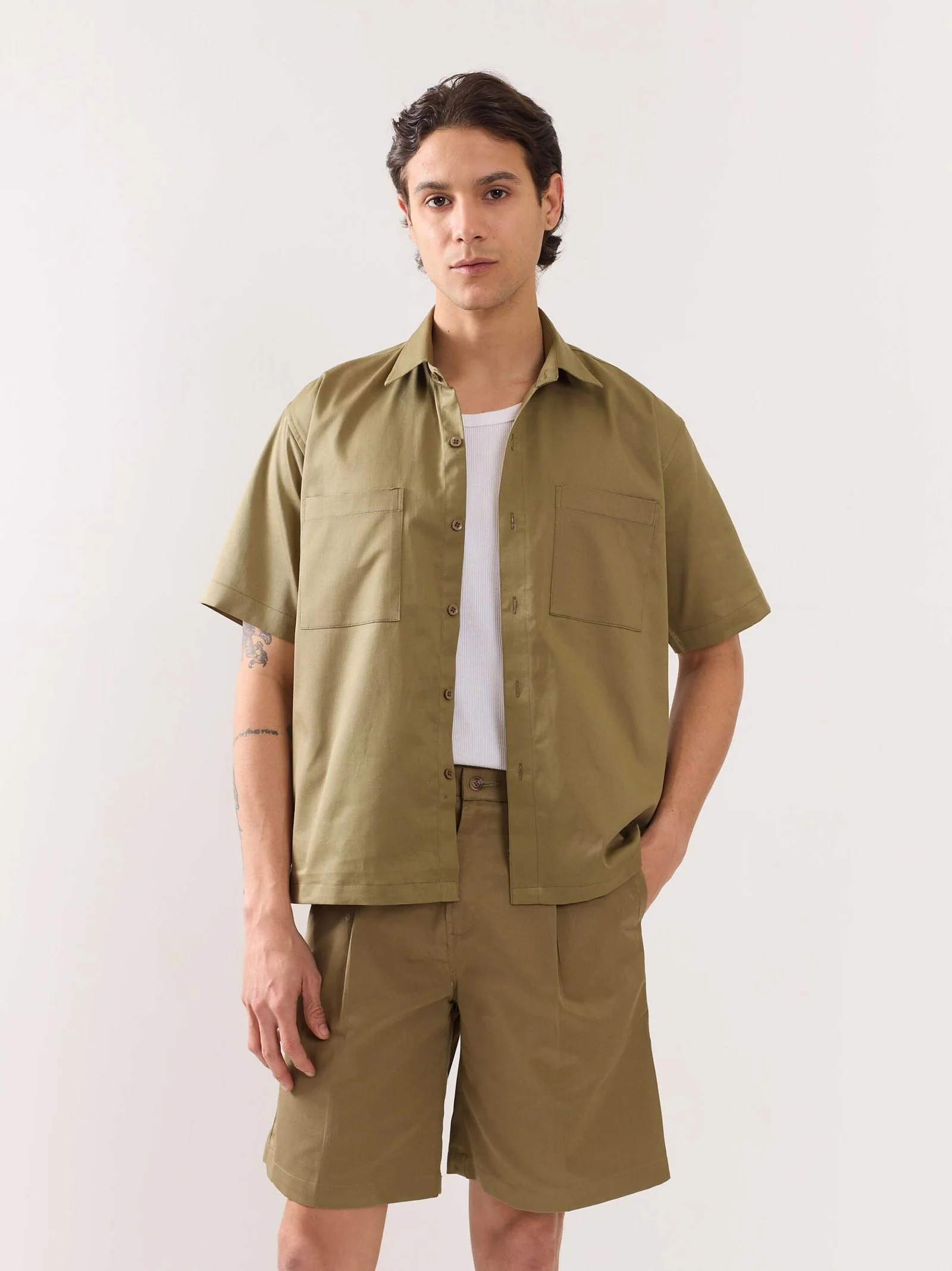 Khaki Twill Cropped Shirt - Image 3