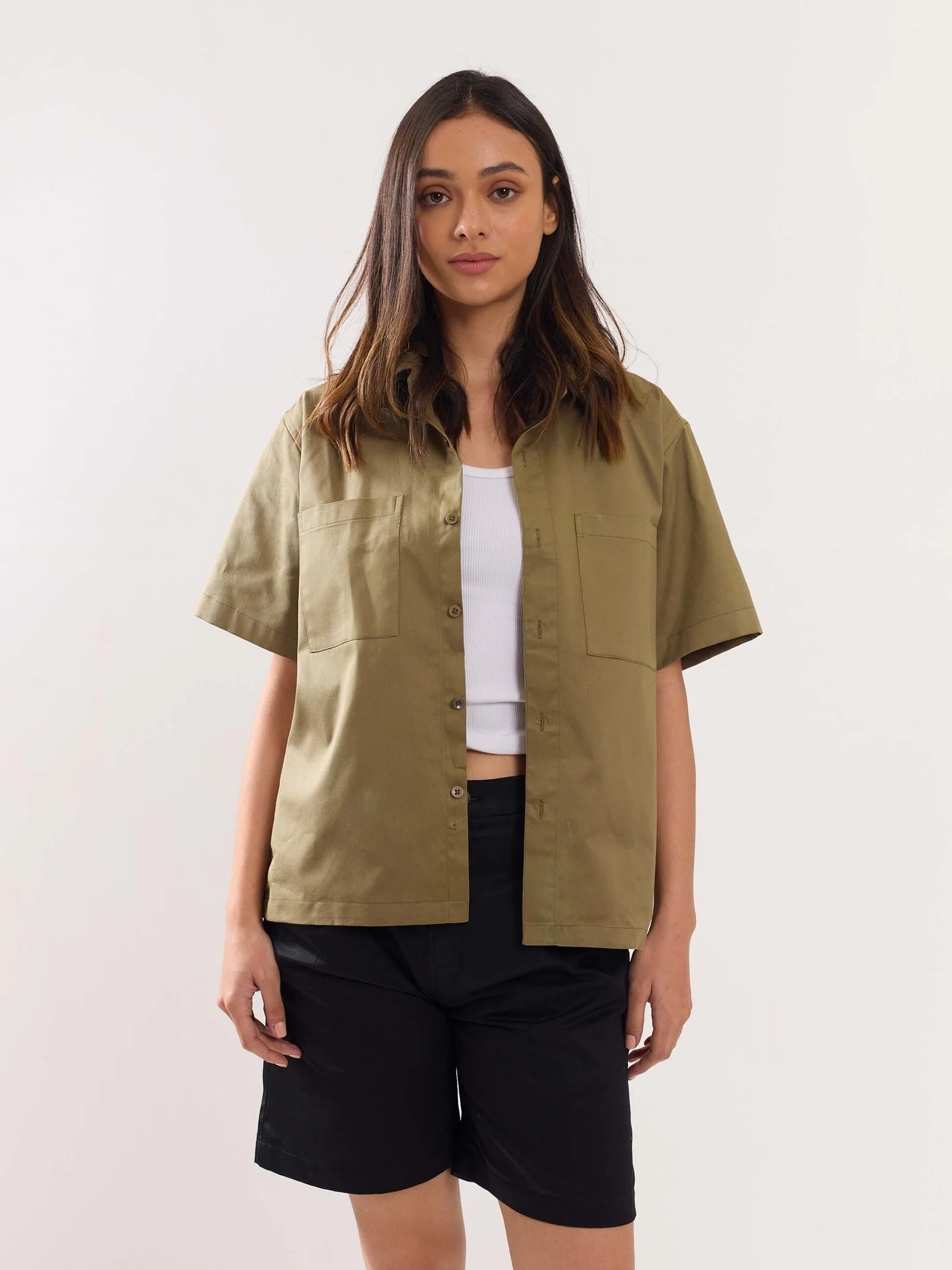 Khaki Twill Cropped Shirt - Image 4