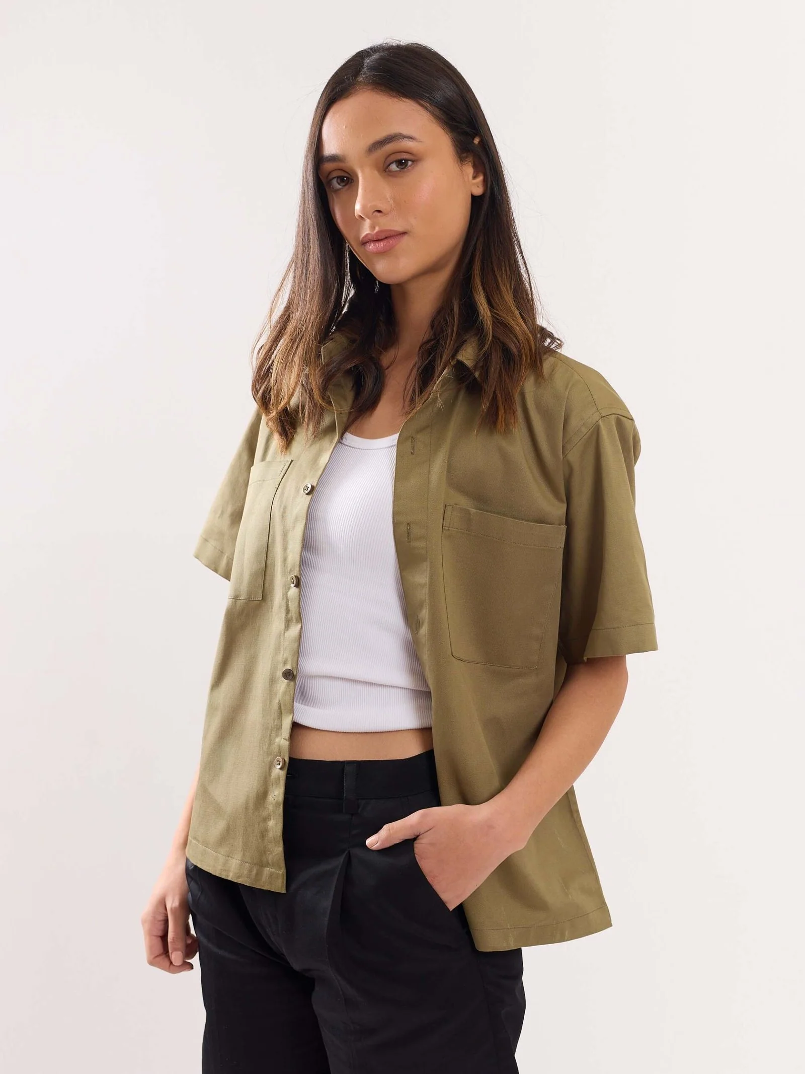 Khaki Twill Cropped Shirt - Image 7