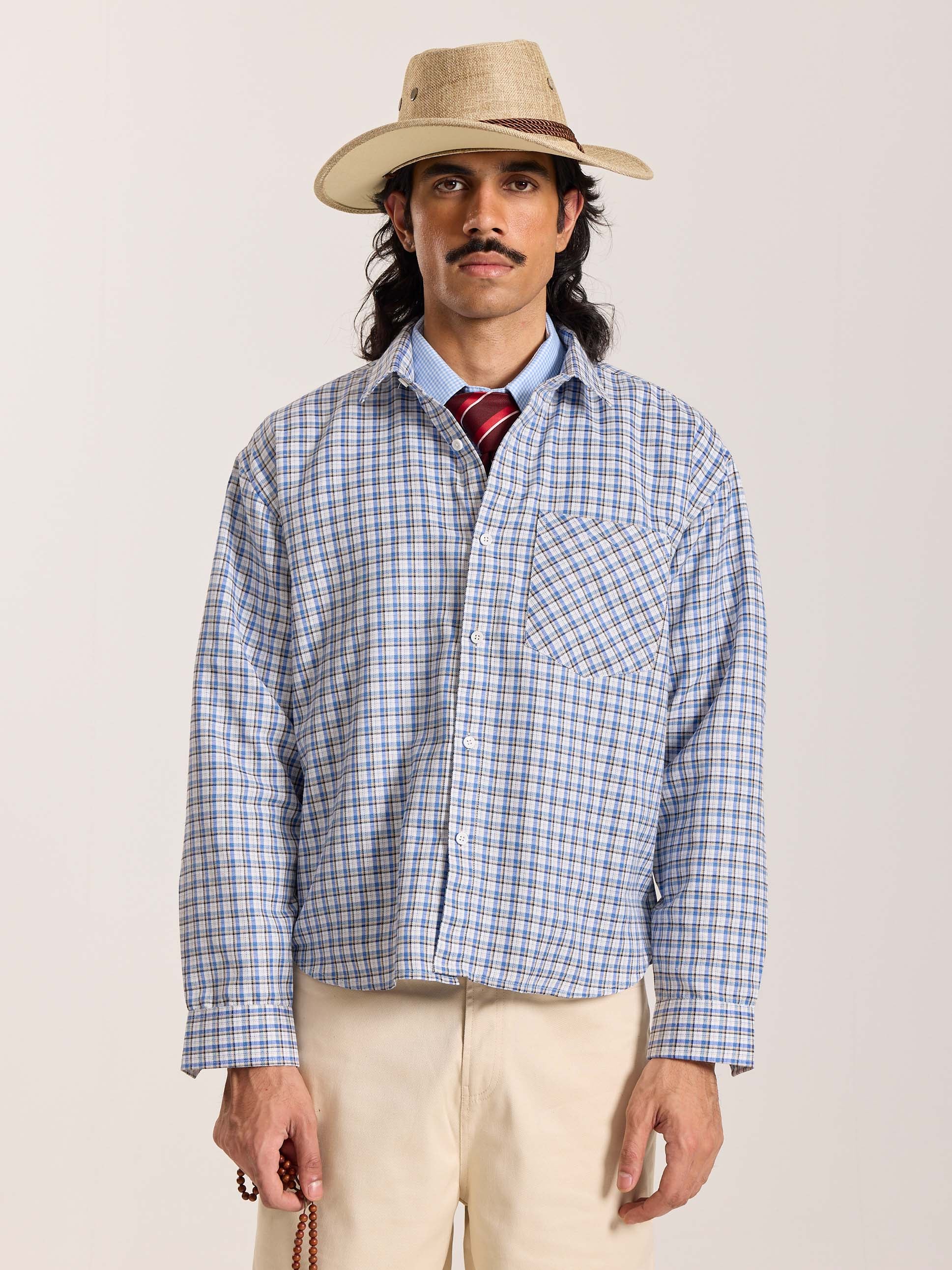 Light Blue & White Checkered Oversized Cropped Shirt - Image 3