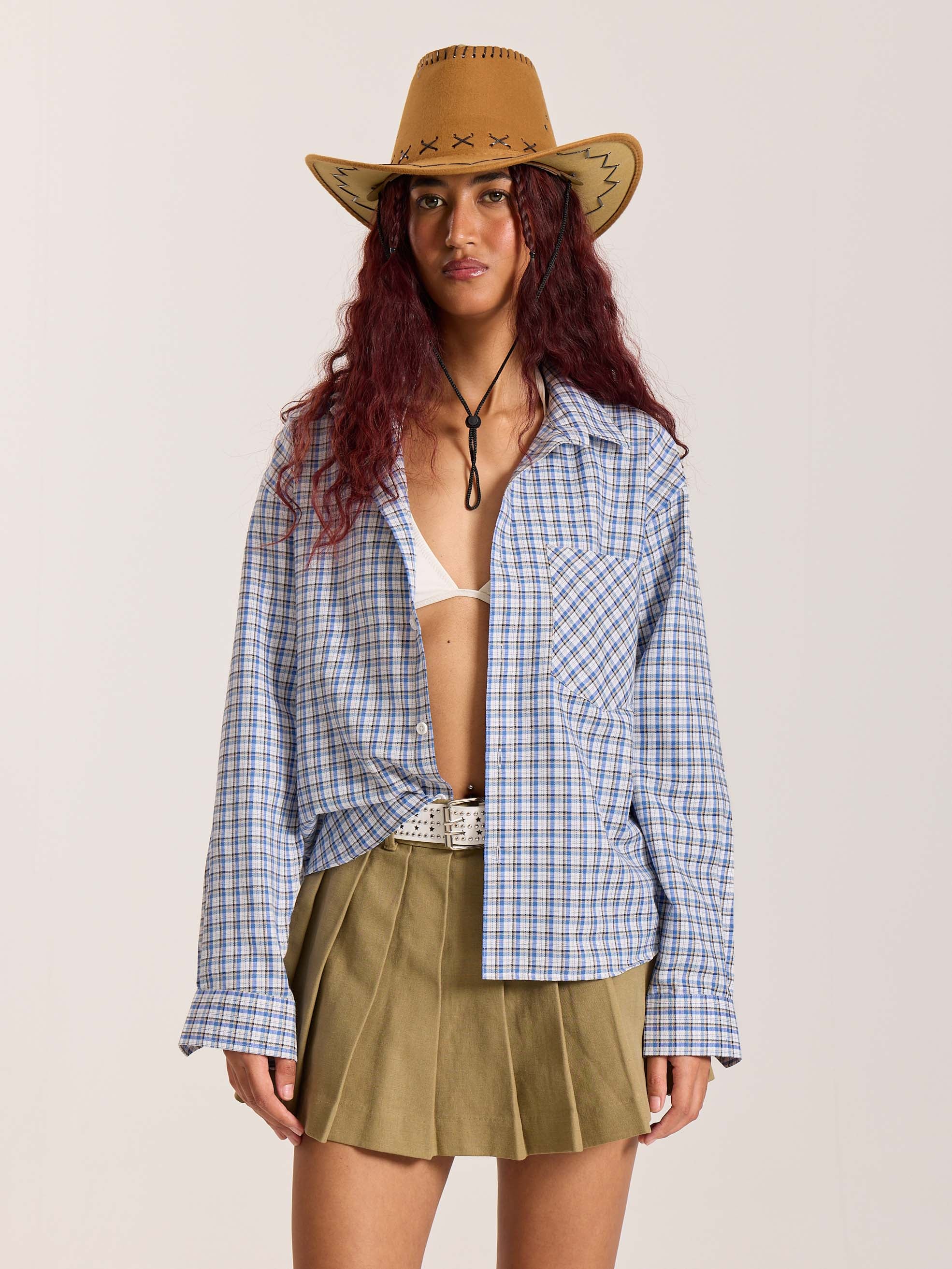 Light Blue & White Checkered Oversized Cropped Shirt - Image 4