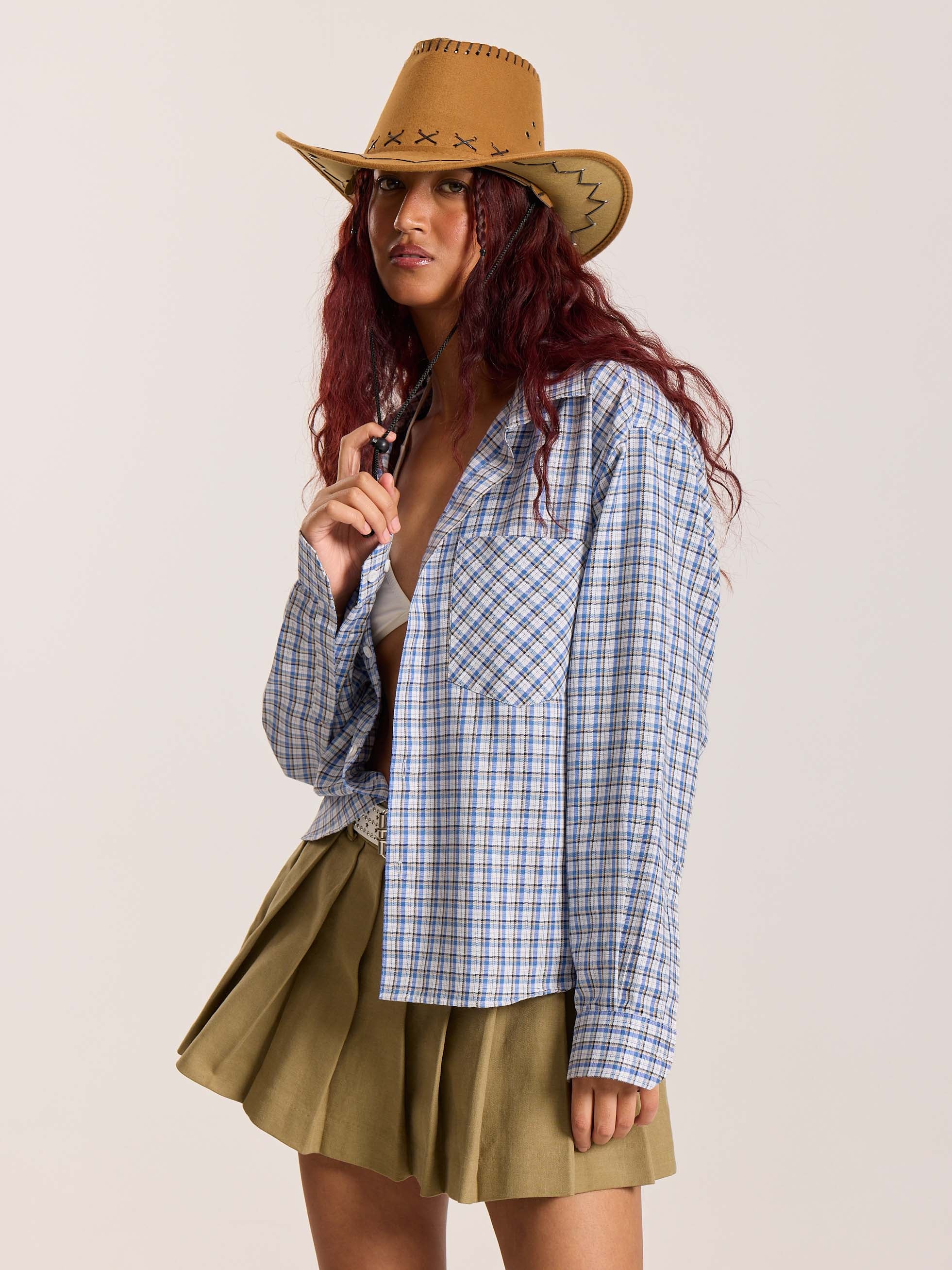 Light Blue & White Checkered Oversized Cropped Shirt - Image 6