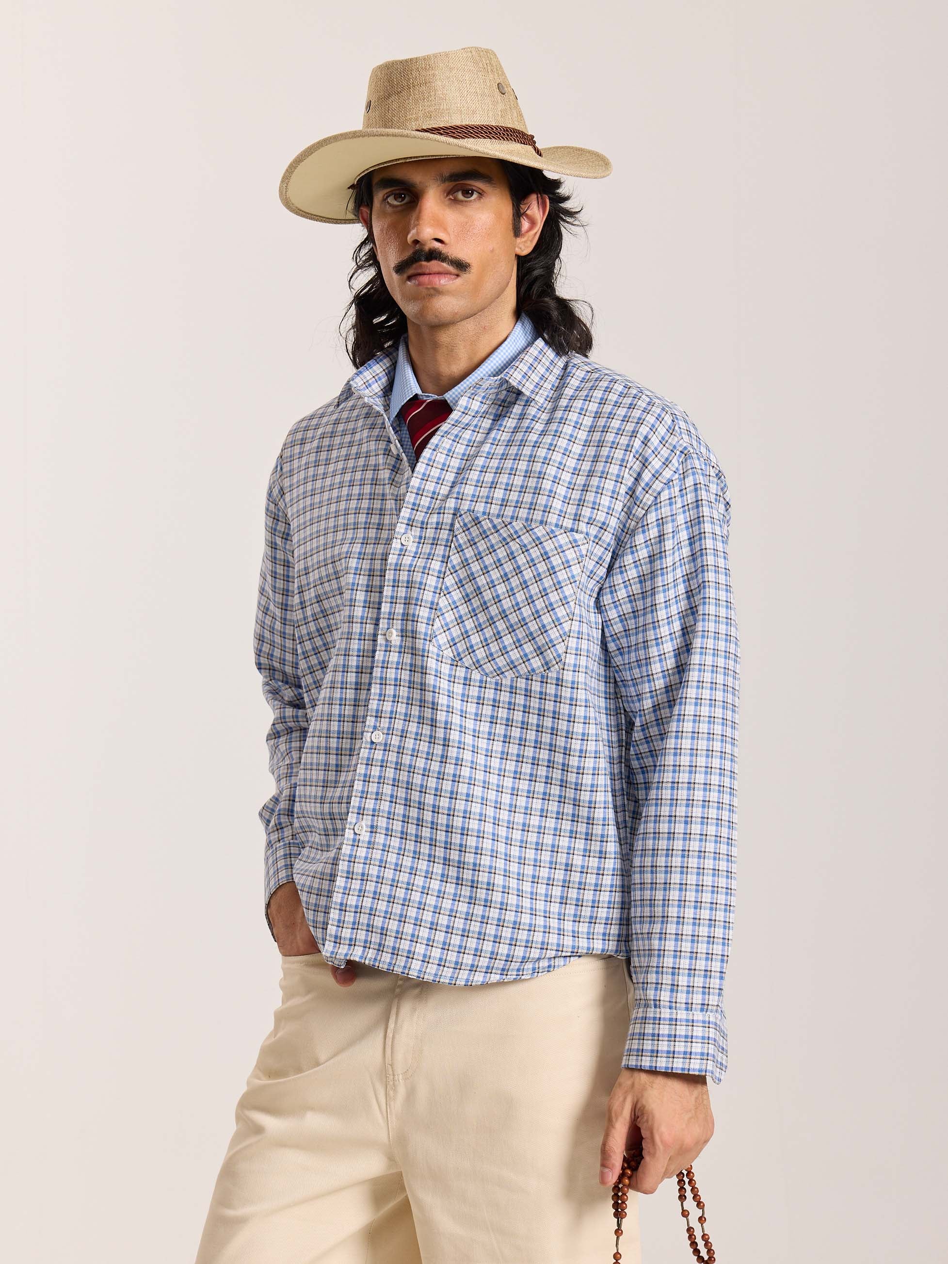 Light Blue & White Checkered Oversized Cropped Shirt - Image 7