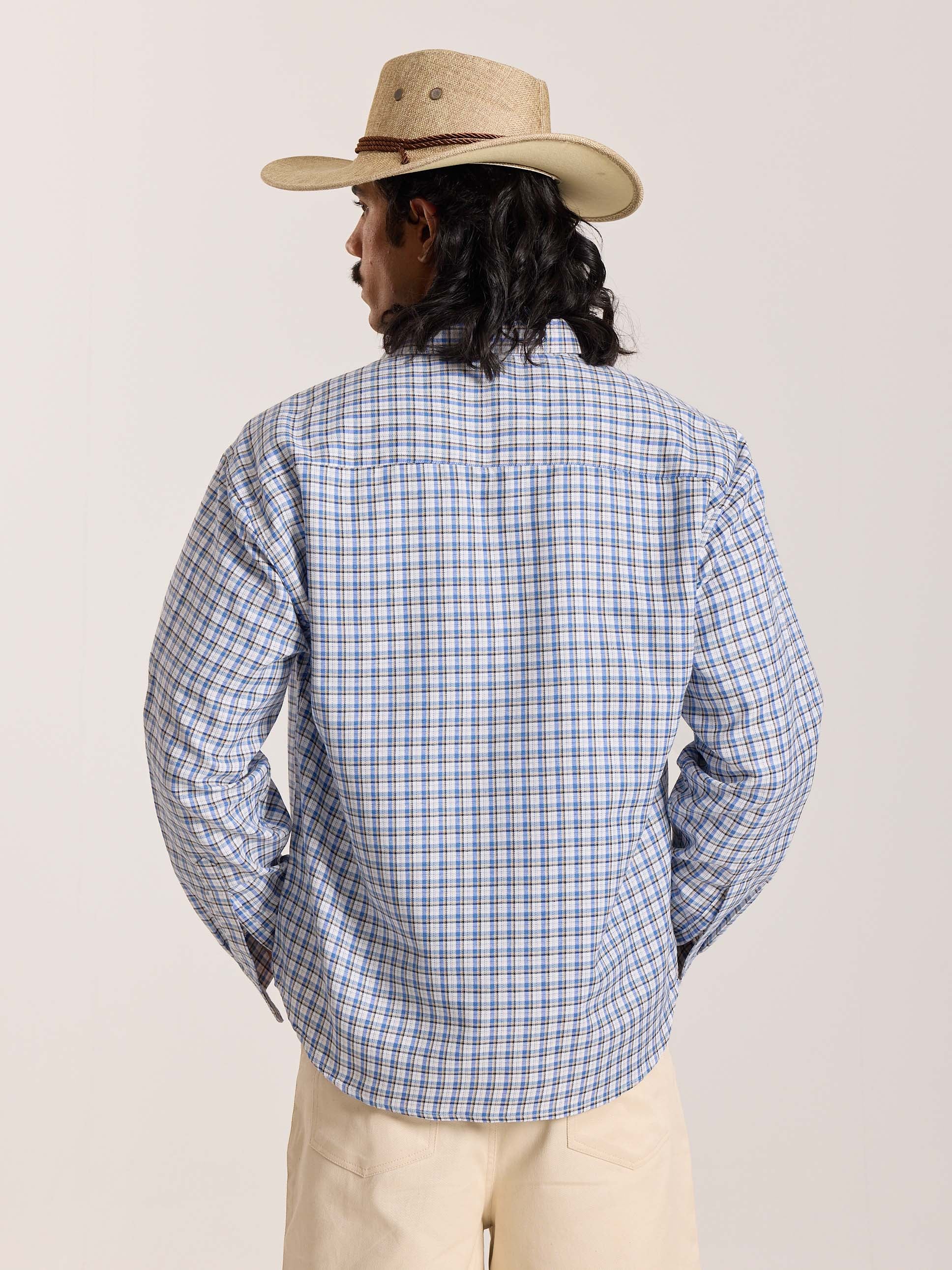 Light Blue & White Checkered Oversized Cropped Shirt - Image 8