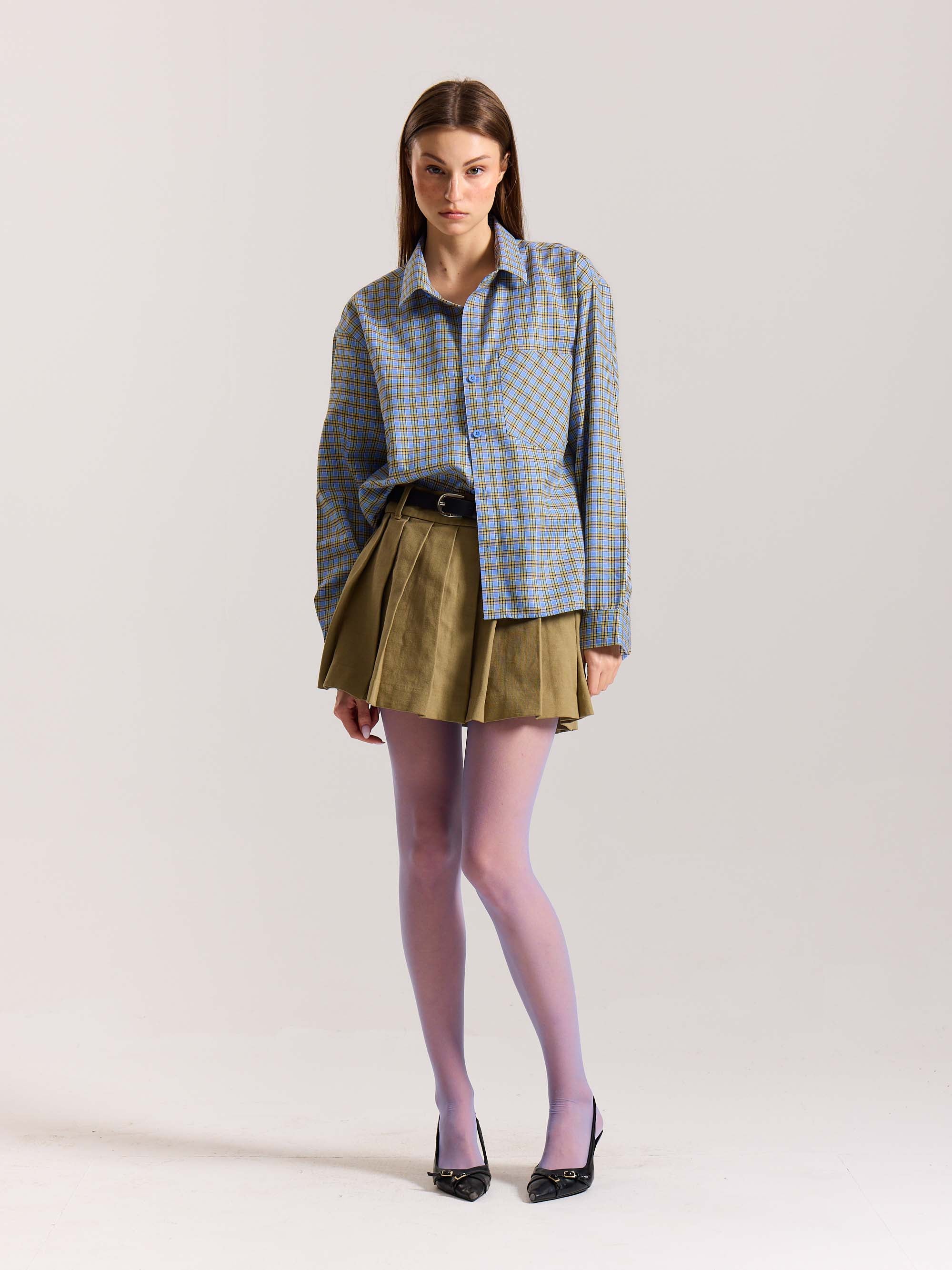 Light Blue Checkered Oversized Cropped Shirt - Image 2