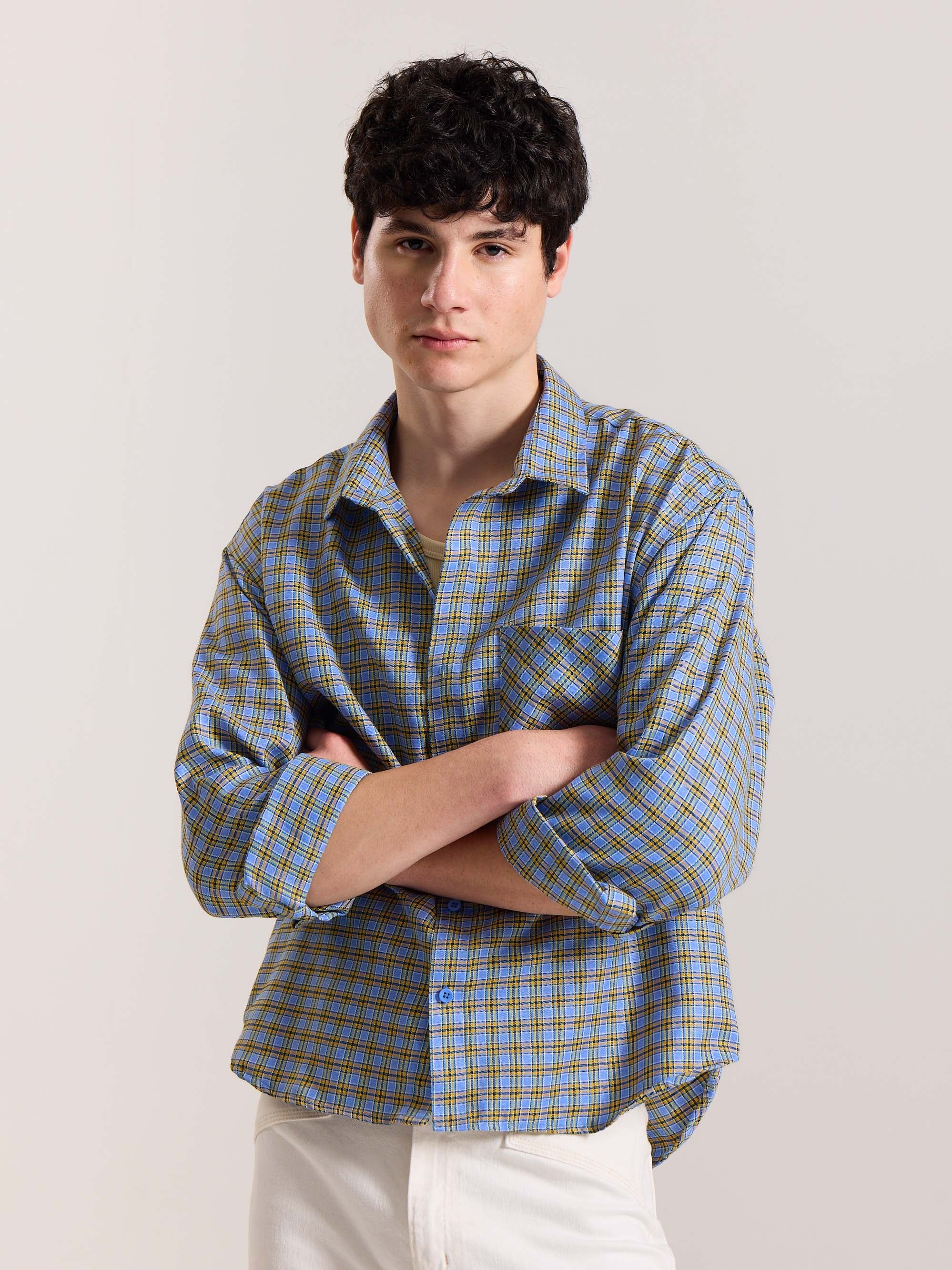 Light Blue Checkered Oversized Cropped Shirt - Image 3