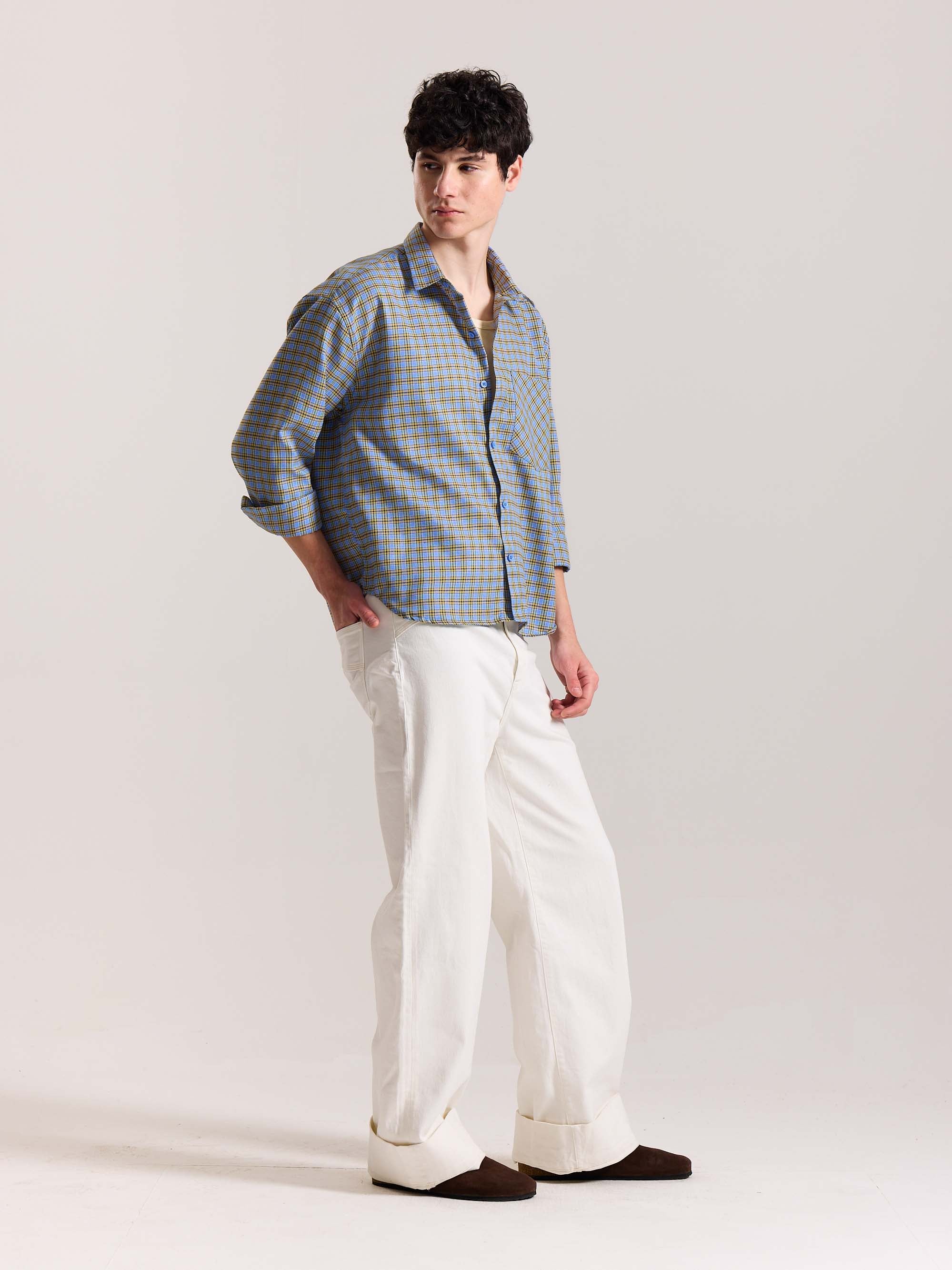 Light Blue Checkered Oversized Cropped Shirt - Image 6