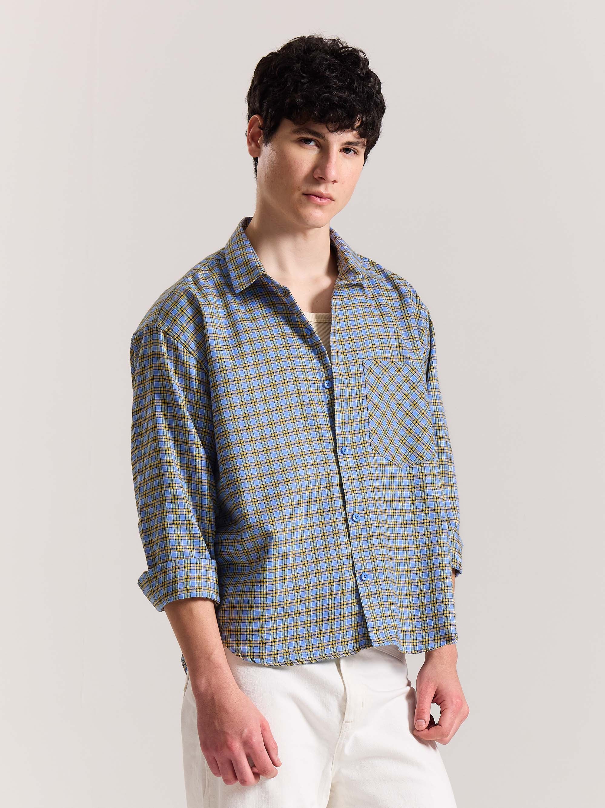 Light Blue Checkered Oversized Cropped Shirt - Image 7