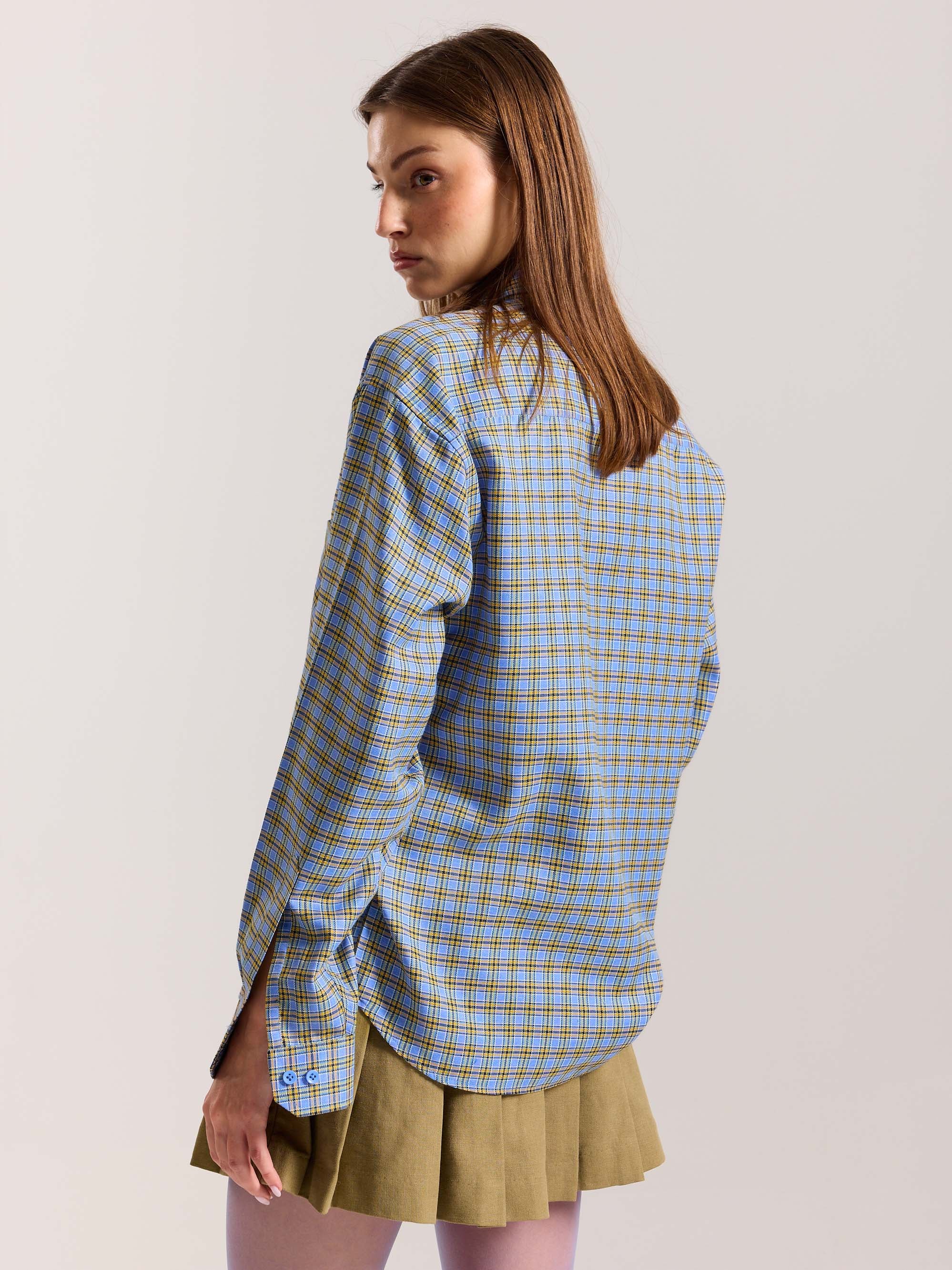 Light Blue Checkered Oversized Cropped Shirt - Image 8