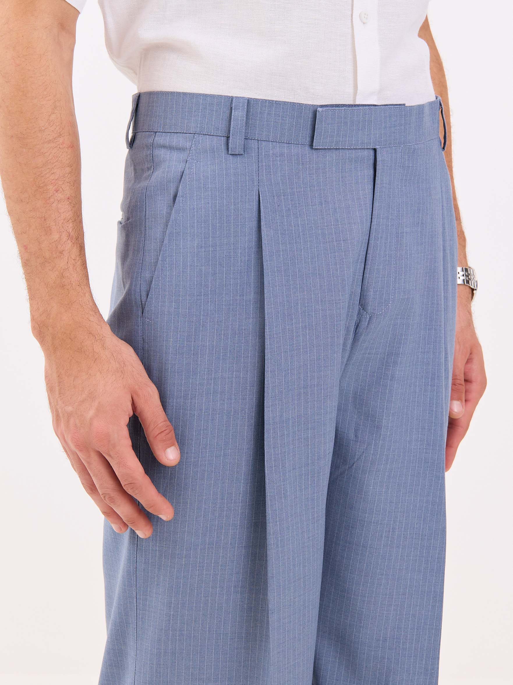 Light Blue Pinstriped Baggy Fit Trousers - Image 3