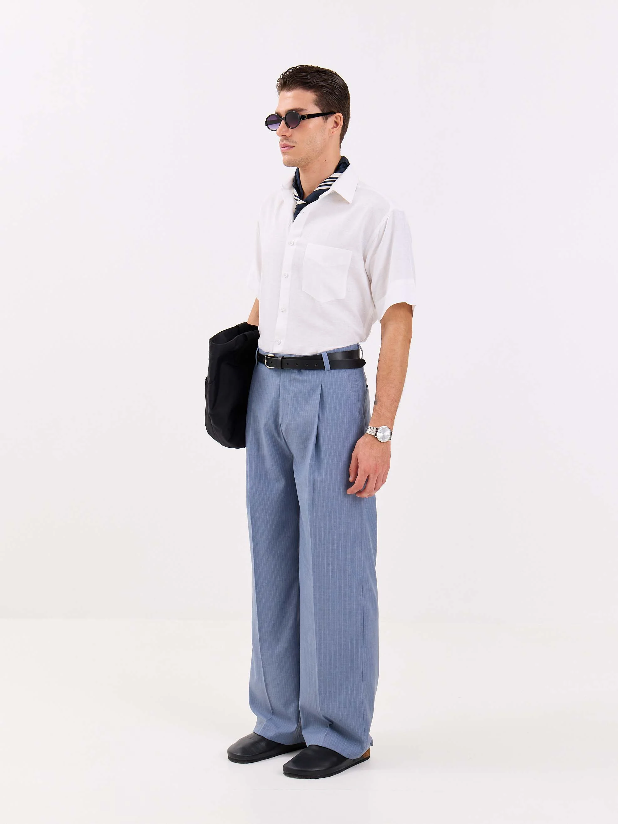 Light Blue Pinstriped Baggy Fit Trousers - Image 4