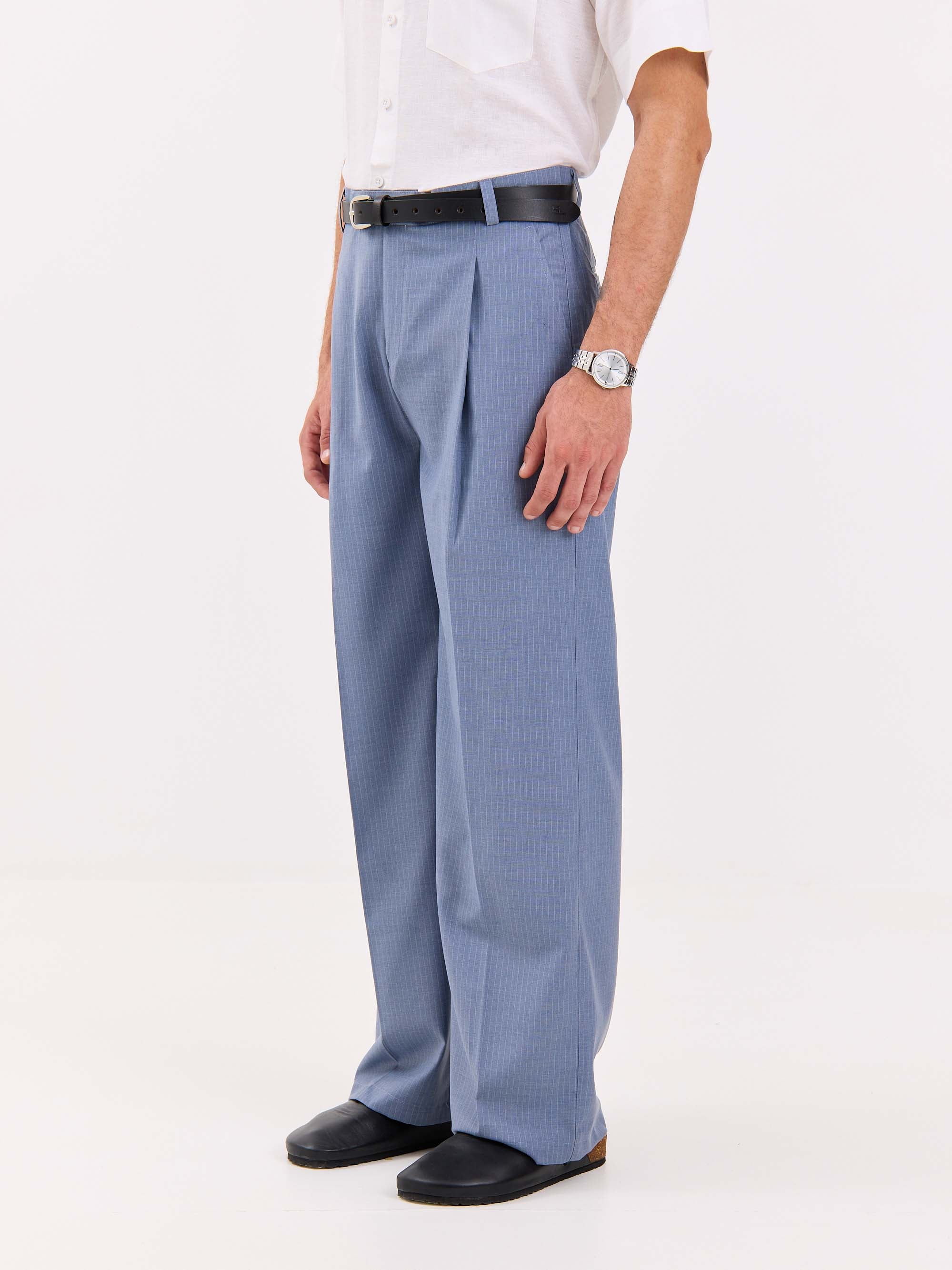 Light Blue Pinstriped Baggy Fit Trousers - Image 5