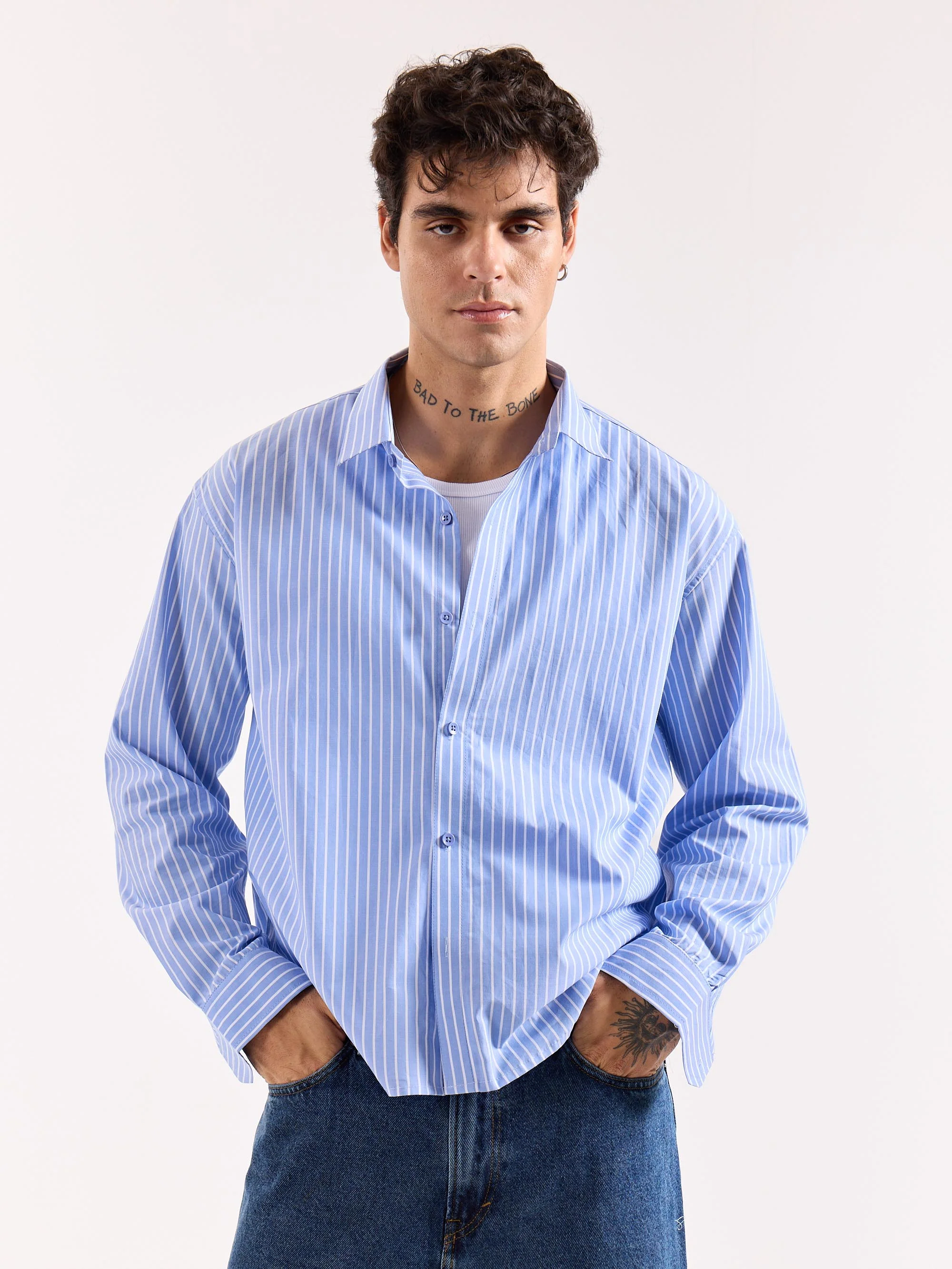 Light Blue Striped Poplin Oversized Shirt - Image 3