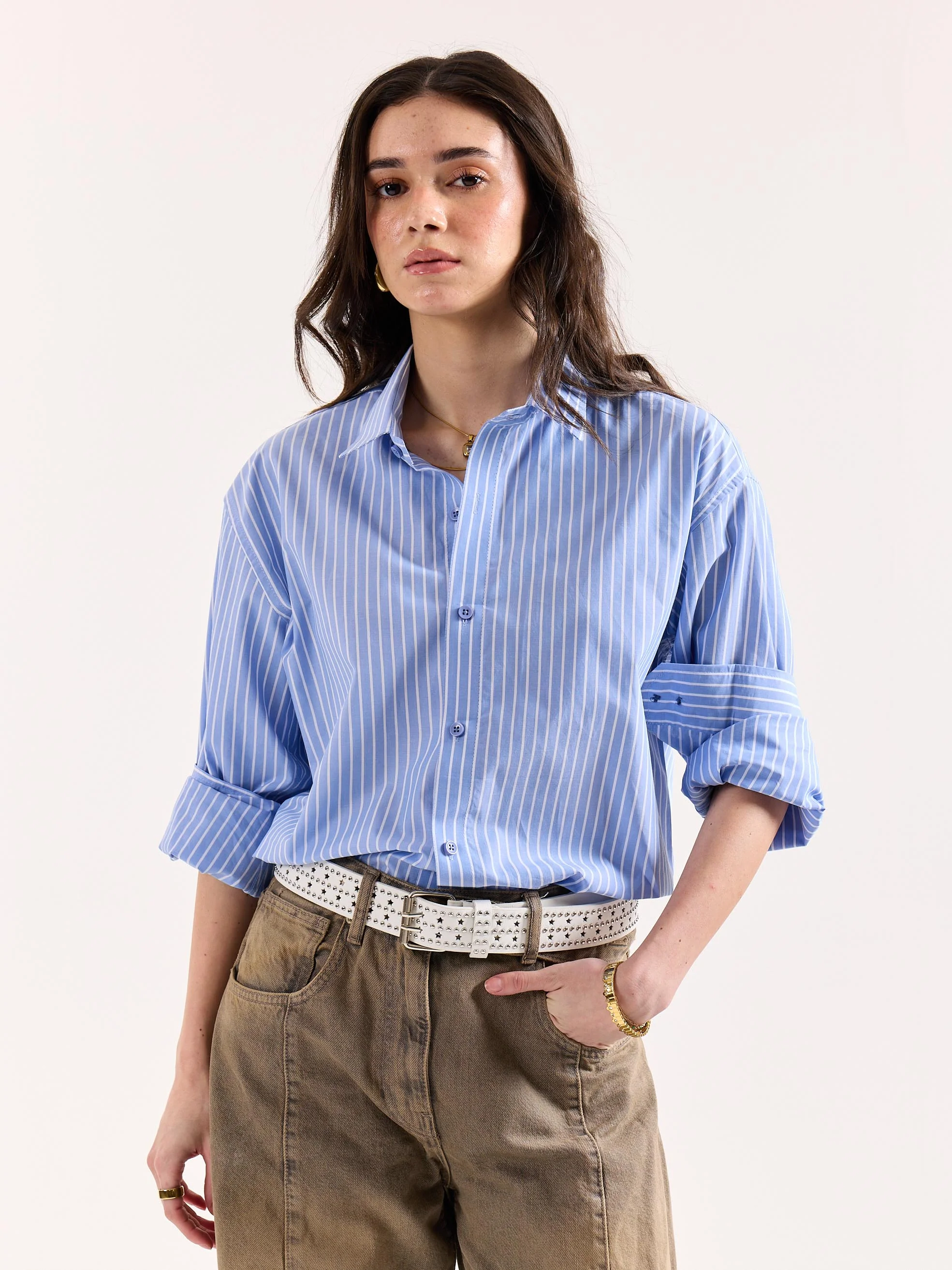 Light Blue Striped Poplin Oversized Shirt - Image 4